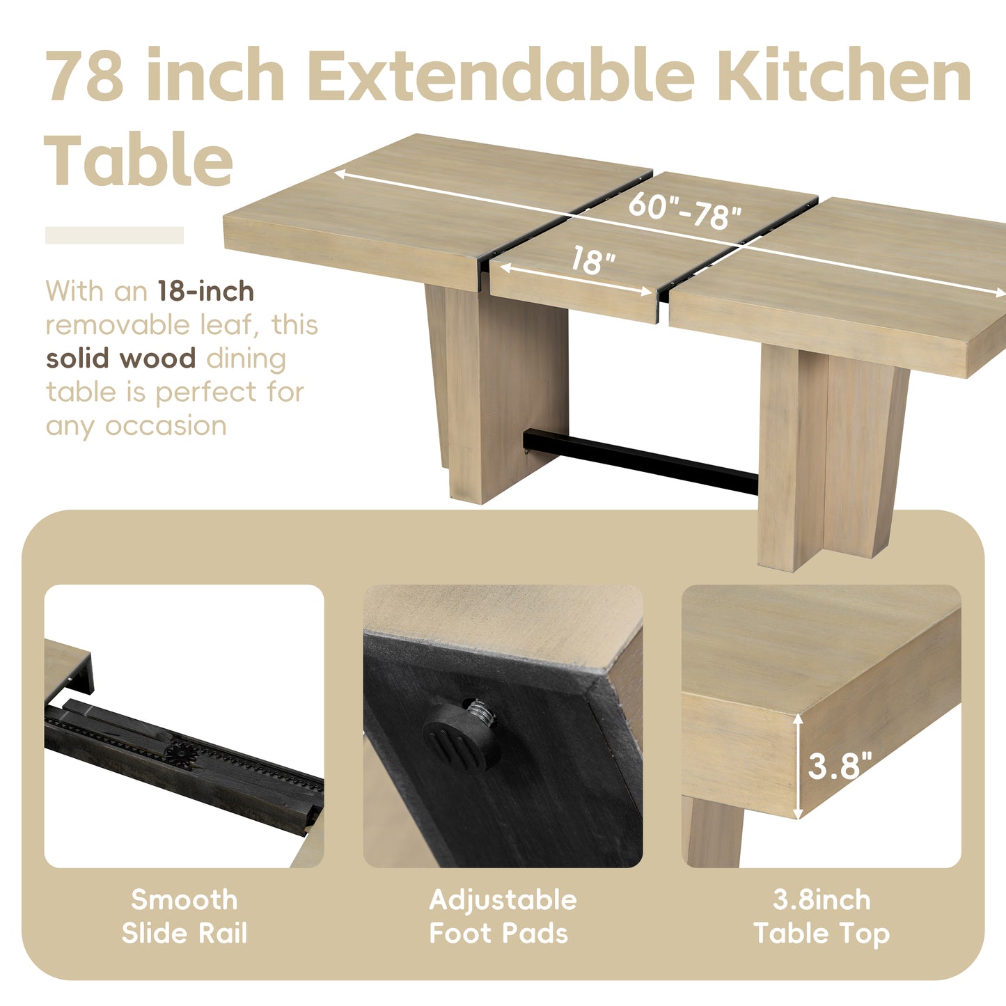 Extendable Wood Dining Table Set for 6, Kitchen Table Set with Bench and 4 Upholstered Chairs