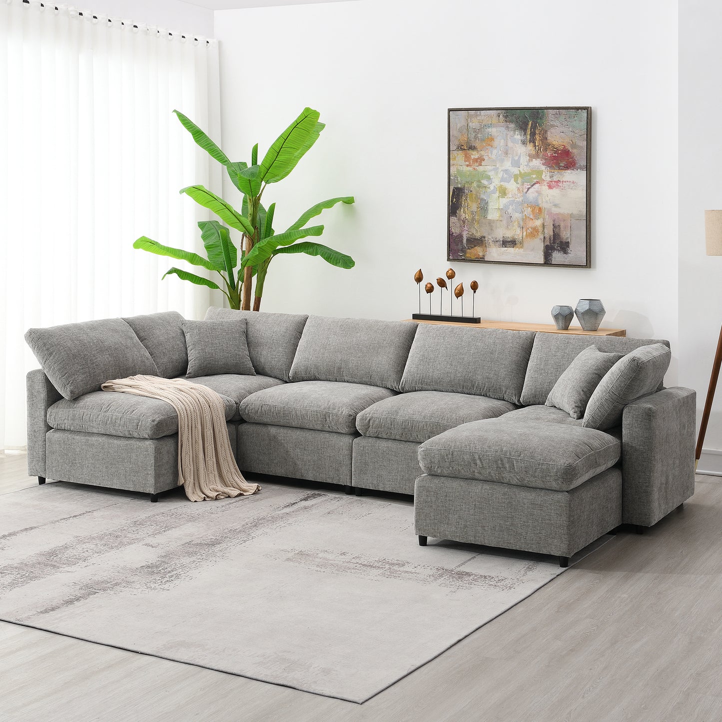 130" Modern Modular Cloud Sofa Bed: 6 - Seat Chenille Sectional with Ottoman, Free - Combo, U - Shaped Sleeper for Living Room