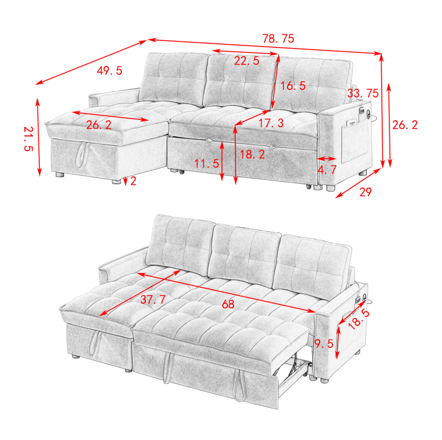 Pull-Out Sofa Bed with USB and tape-c charging ports, L-Shaped Sectional Sofa with Reclining Storage and Arm Side Organizer Pocket Features