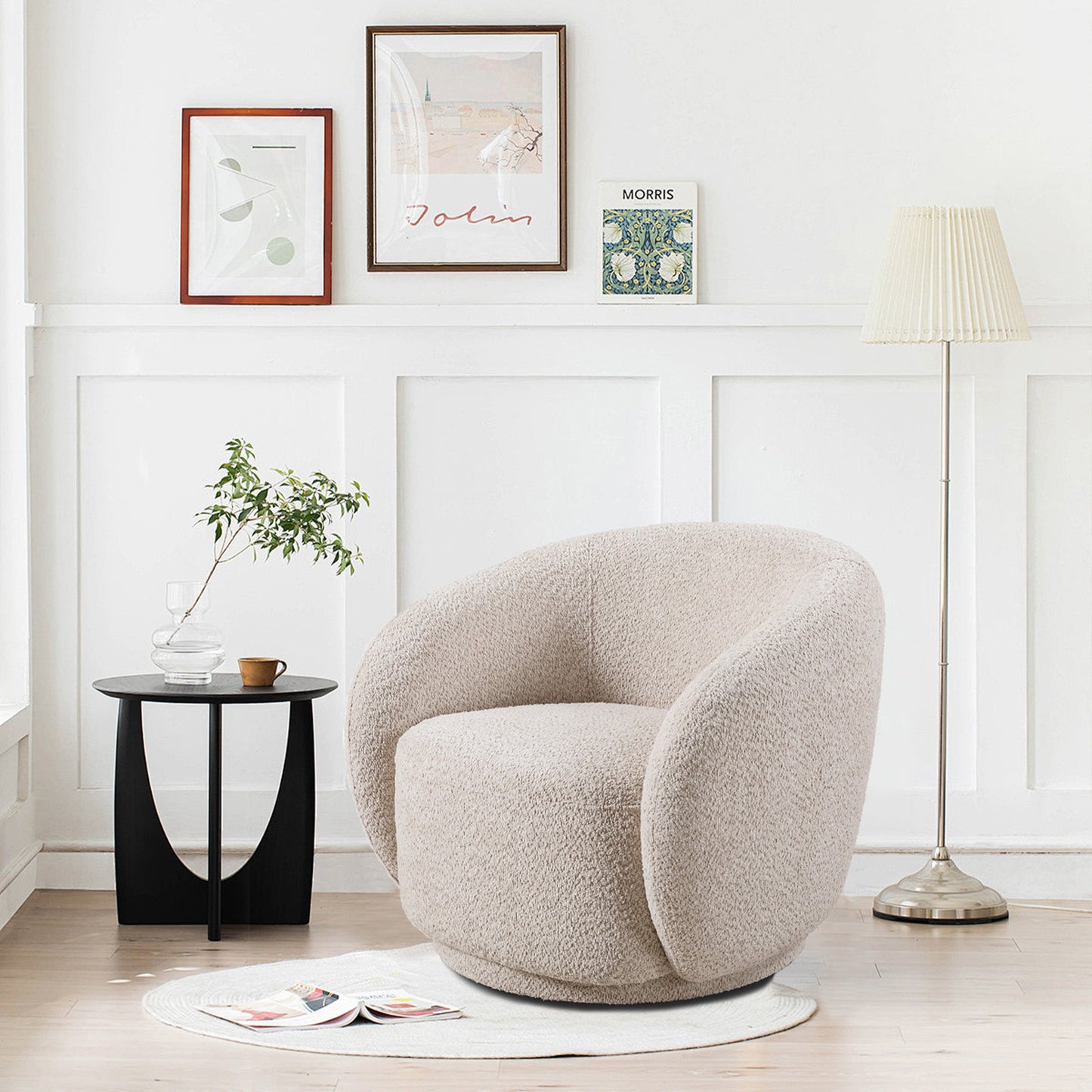 Swivel Accent Chair: Boucle Fabric Upholstered Barrel Chair for Living Room