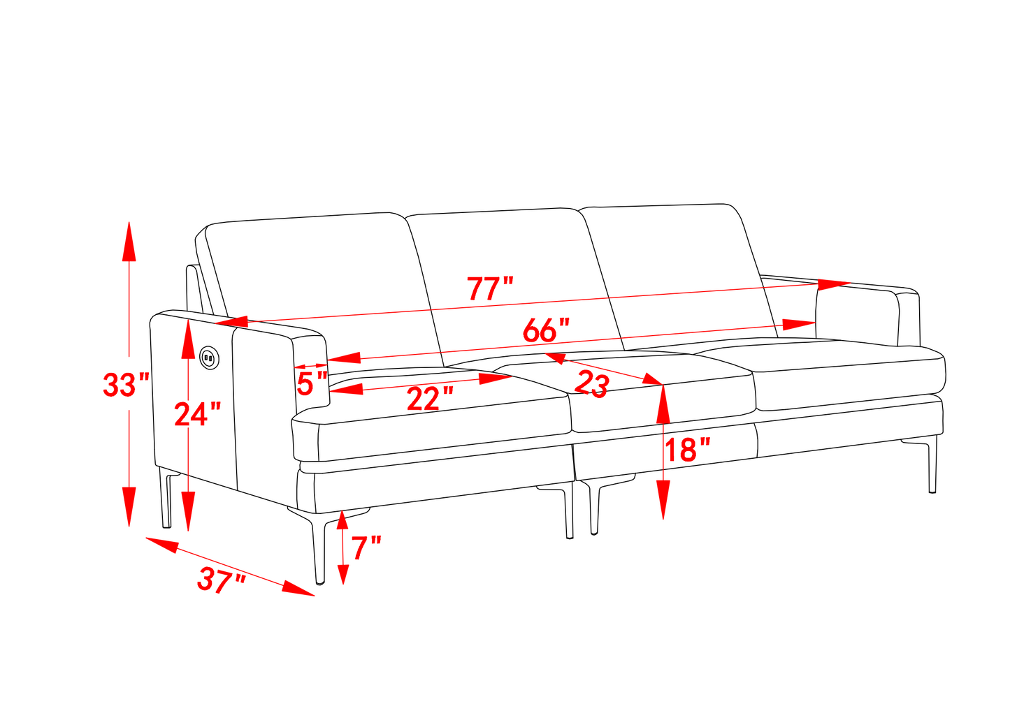 77 - inch Gray Luxury Genuine Leather - Match Sofa: USB & Type - C Charger, 3 - Seater for Living & Office