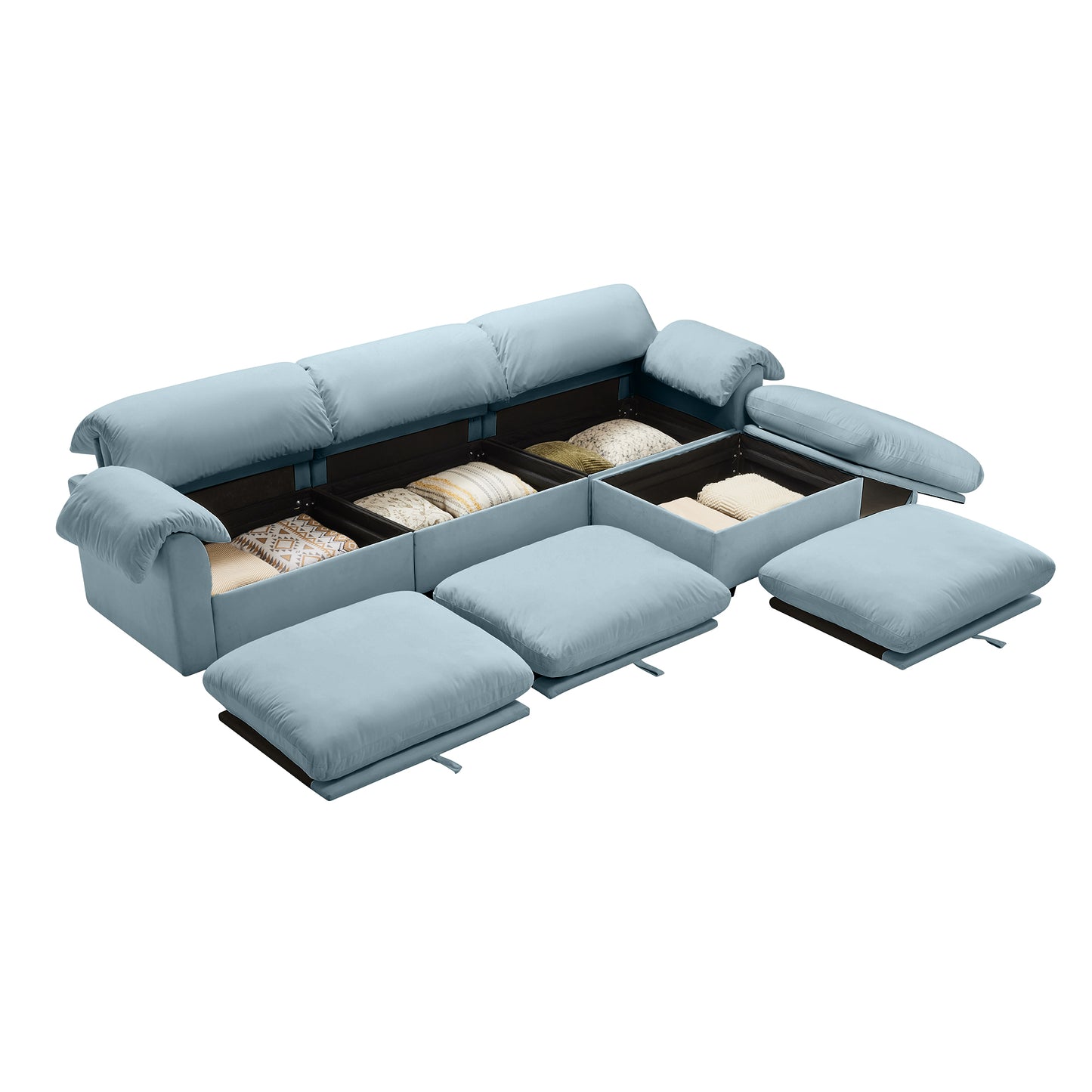 3 - 4 Seater Modular Sofa: U/L - Shape, Storage Ottomans, Velvet 2 Color