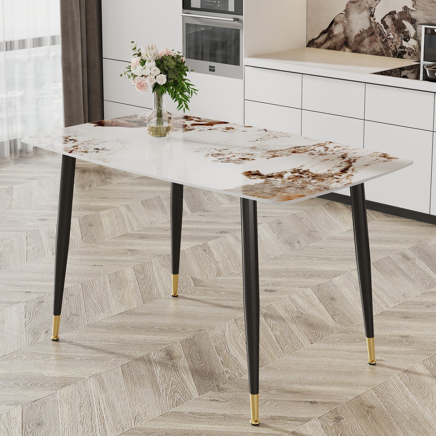 Modern minimalist dining table. A patterned SINTERED STONE tabletop with black metal legs