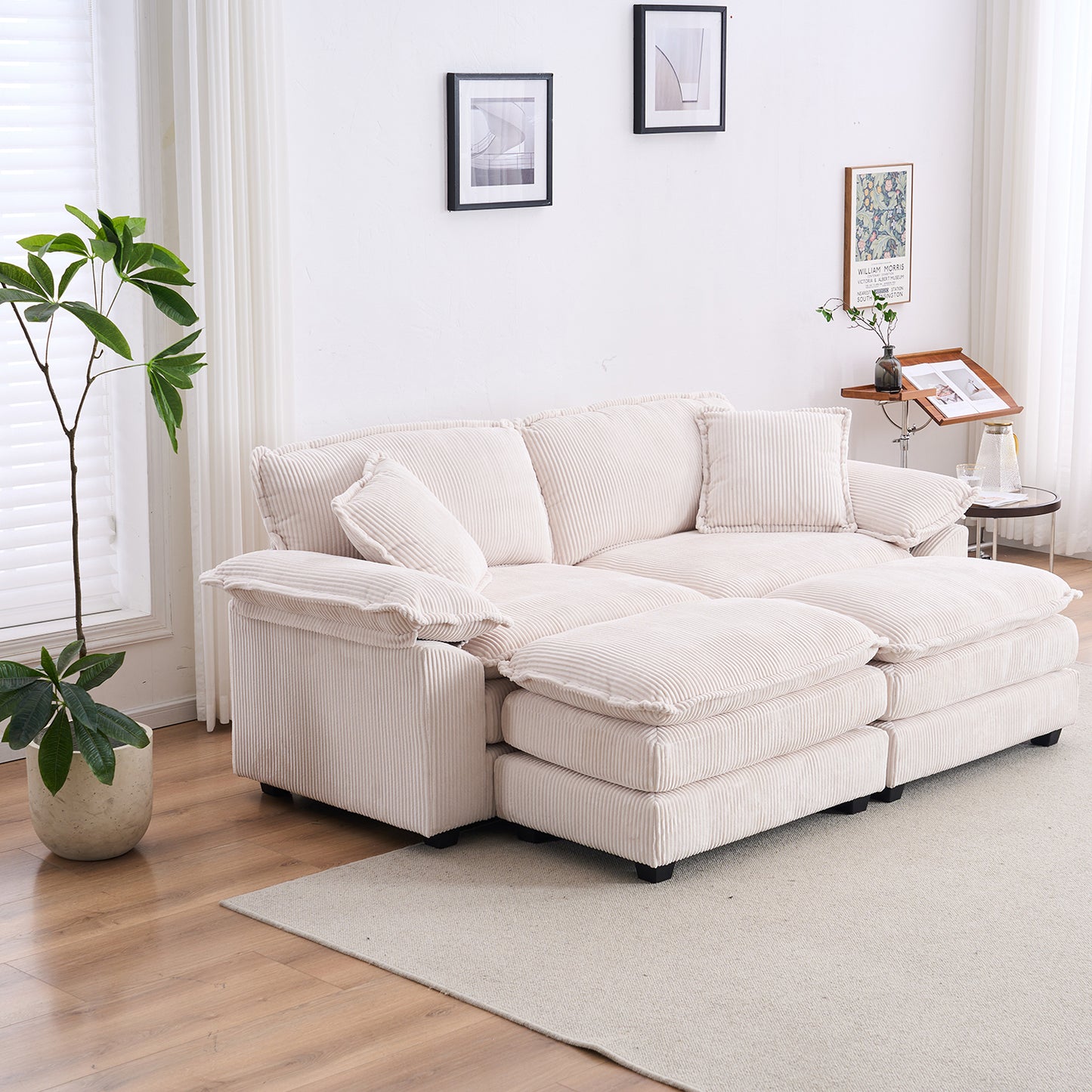 Corduroy 2-seats sofa With 2 back pillows,2 toss pillows and two ottoman