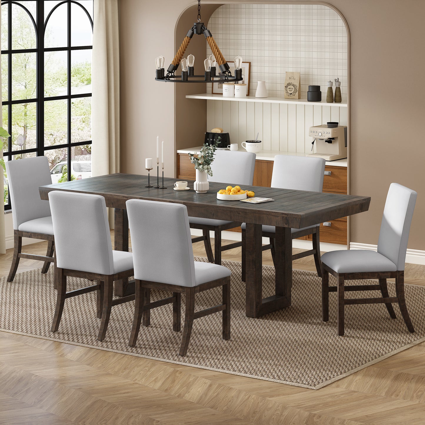 7-Piece Dining Table Set with 72" Extendable Table & 6 Upholstered Chairs