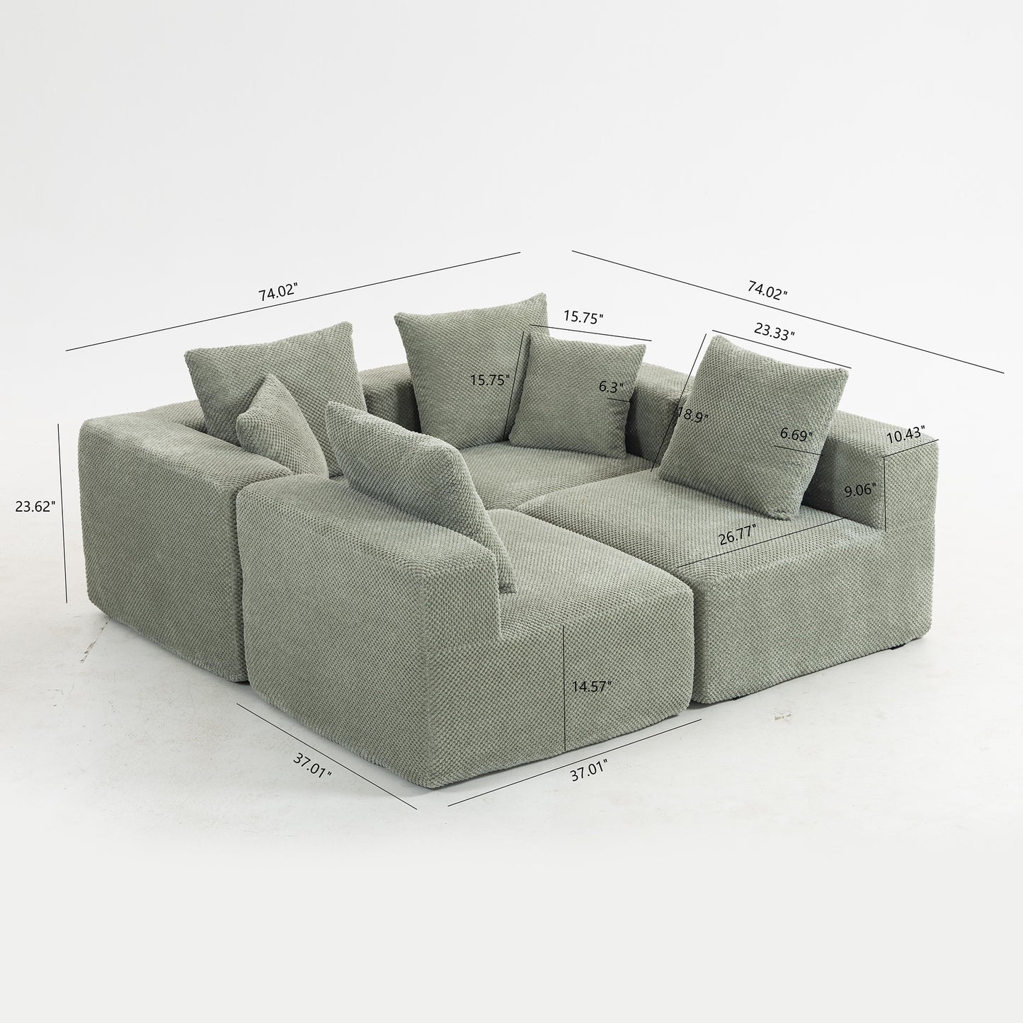 Modular 3-4 Seat Sectional Sofa – All-Foam Deep-Seat Couch with Plush Textured Chenille (Light Green)