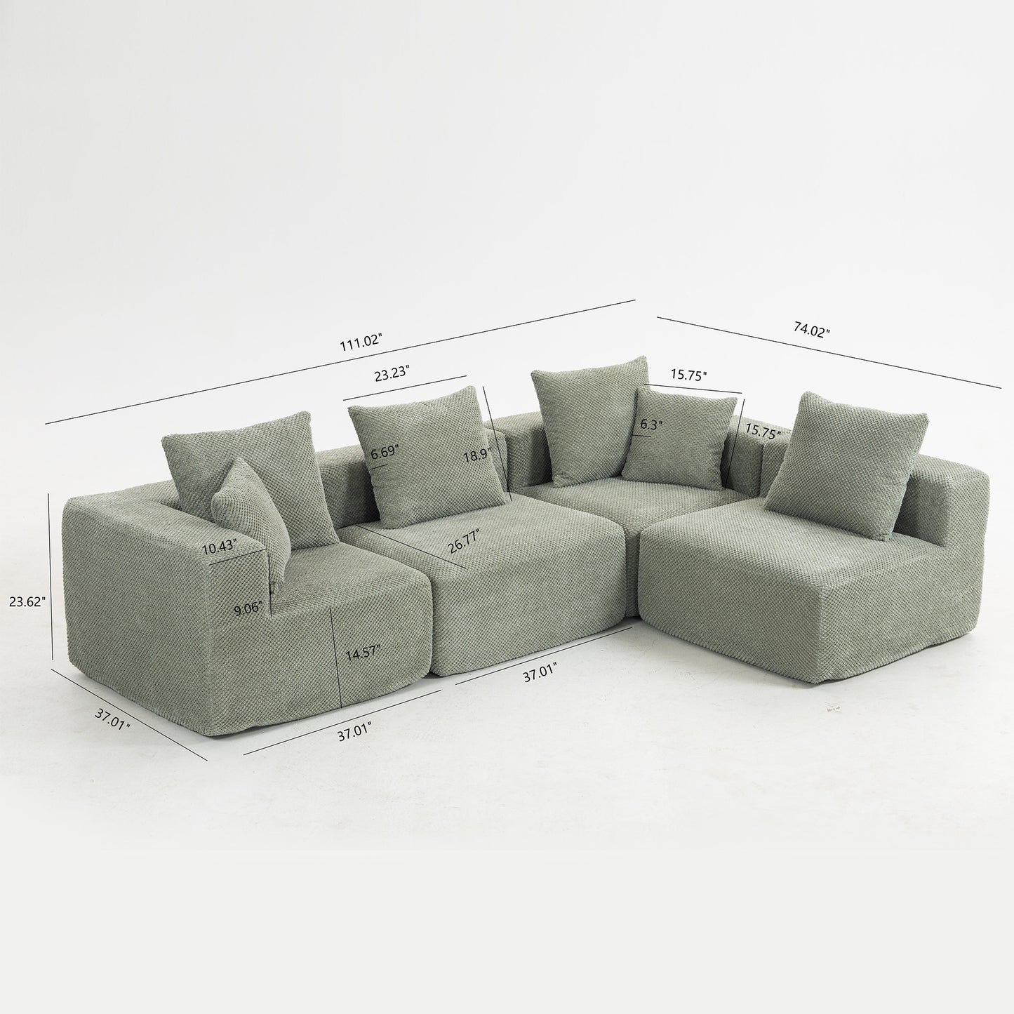 Modular 3-4 Seat Sectional Sofa – All-Foam Deep-Seat Couch with Plush Textured Chenille (Light Green)