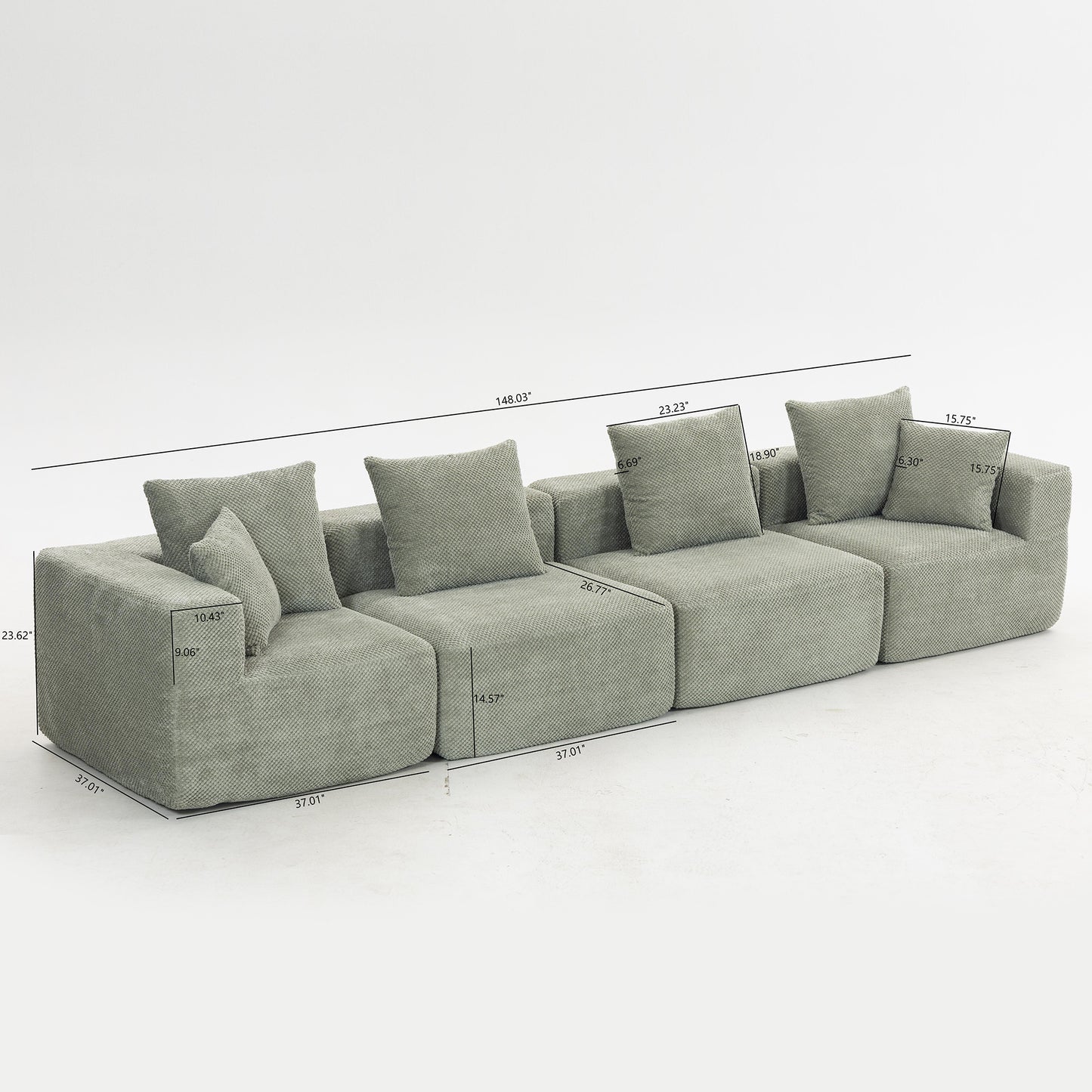 Modular 3-4 Seat Sectional Sofa – All-Foam Deep-Seat Couch with Plush Textured Chenille (Light Green)