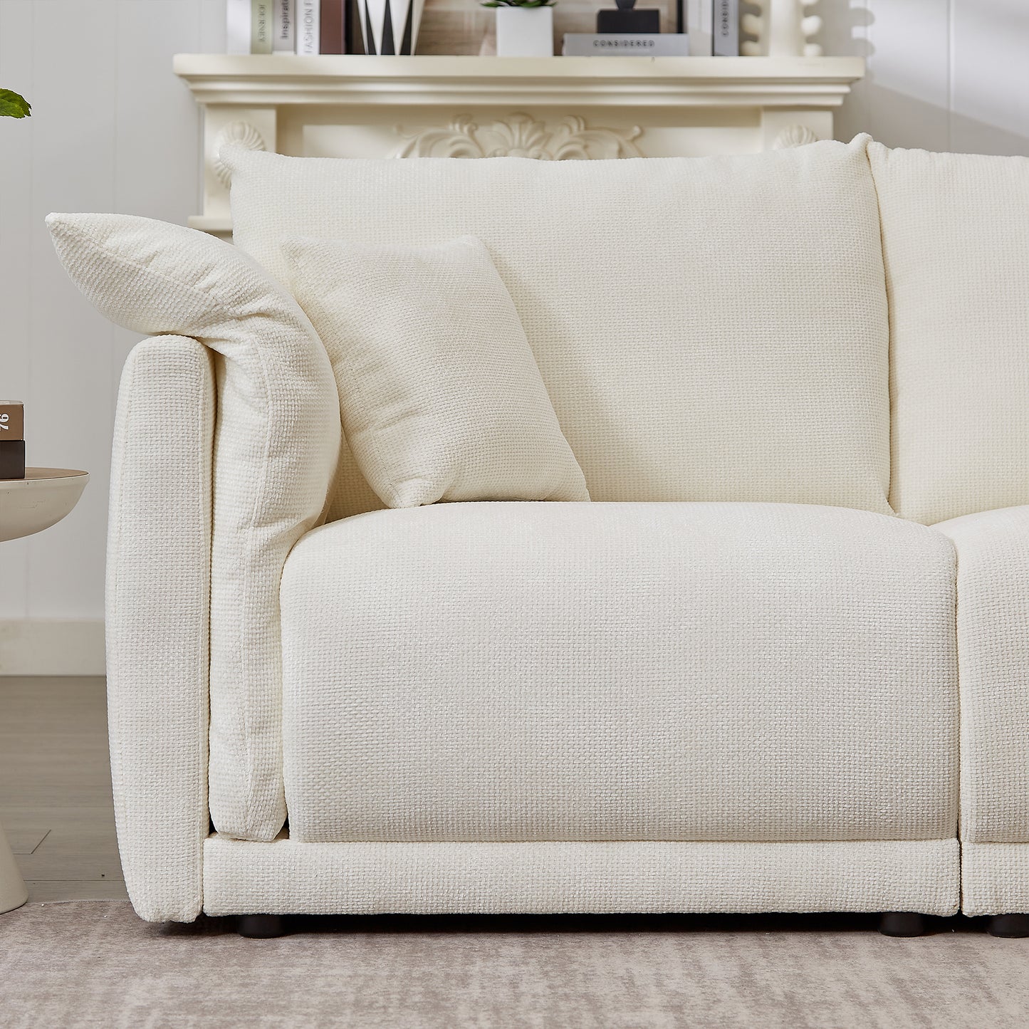 3-seater sofa with unique design and soft arm pillows Contemporary style linen sofa with 3 comfortable cushions with 2 pillows