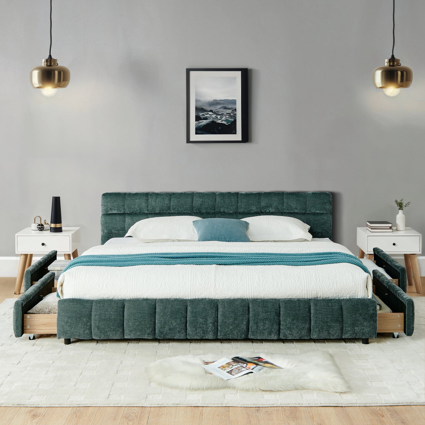 California King size Upholstered Bed Frame, Chenille fabric with headboard and solid bed frame. With drawer for storage