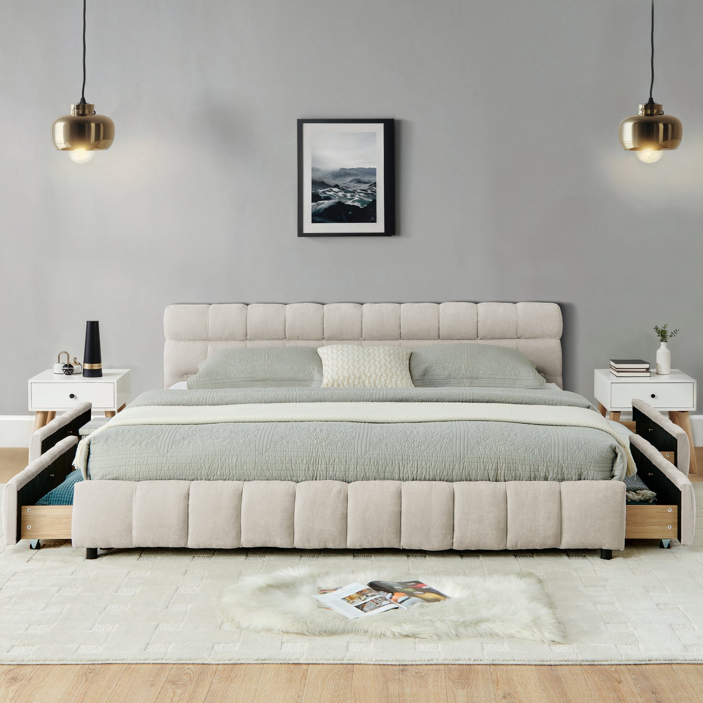 California King size Upholstered Bed Frame, Chenille fabric with headboard and solid bed frame. With drawer for storage