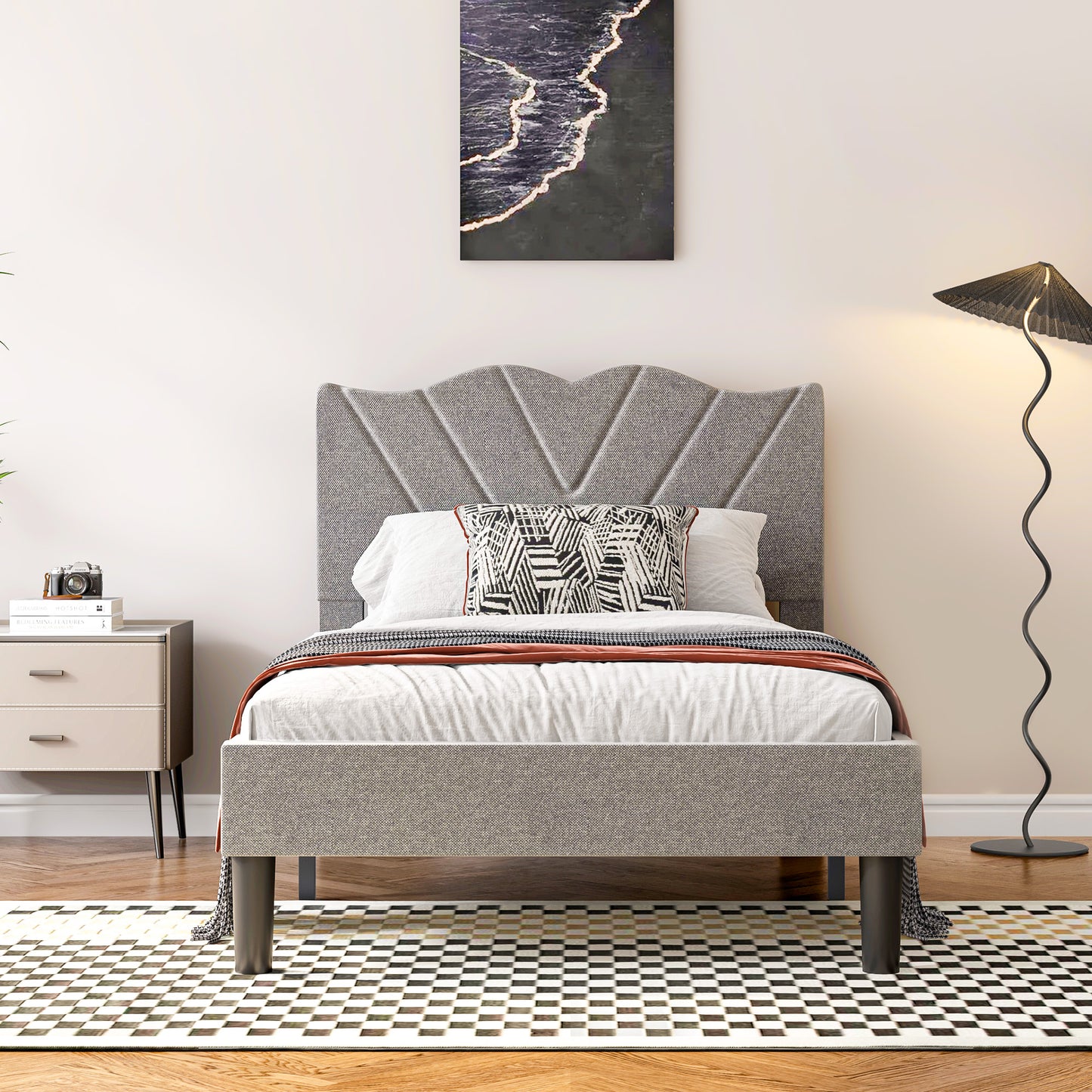 Modern Platform Bed Frame with Upholstered Headboard and Wooden Slats - Skip Box Spring, Easy Assembly