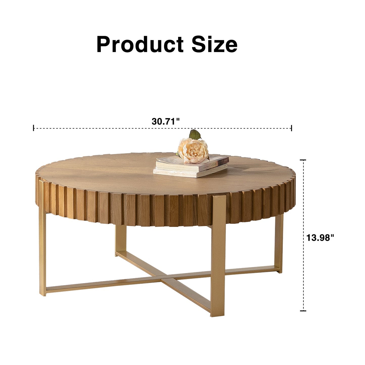 Round Coffee Table Handcrafted Relief Sturdy Pedestal Wooden Olive-Shaped Tea Table for Living Room