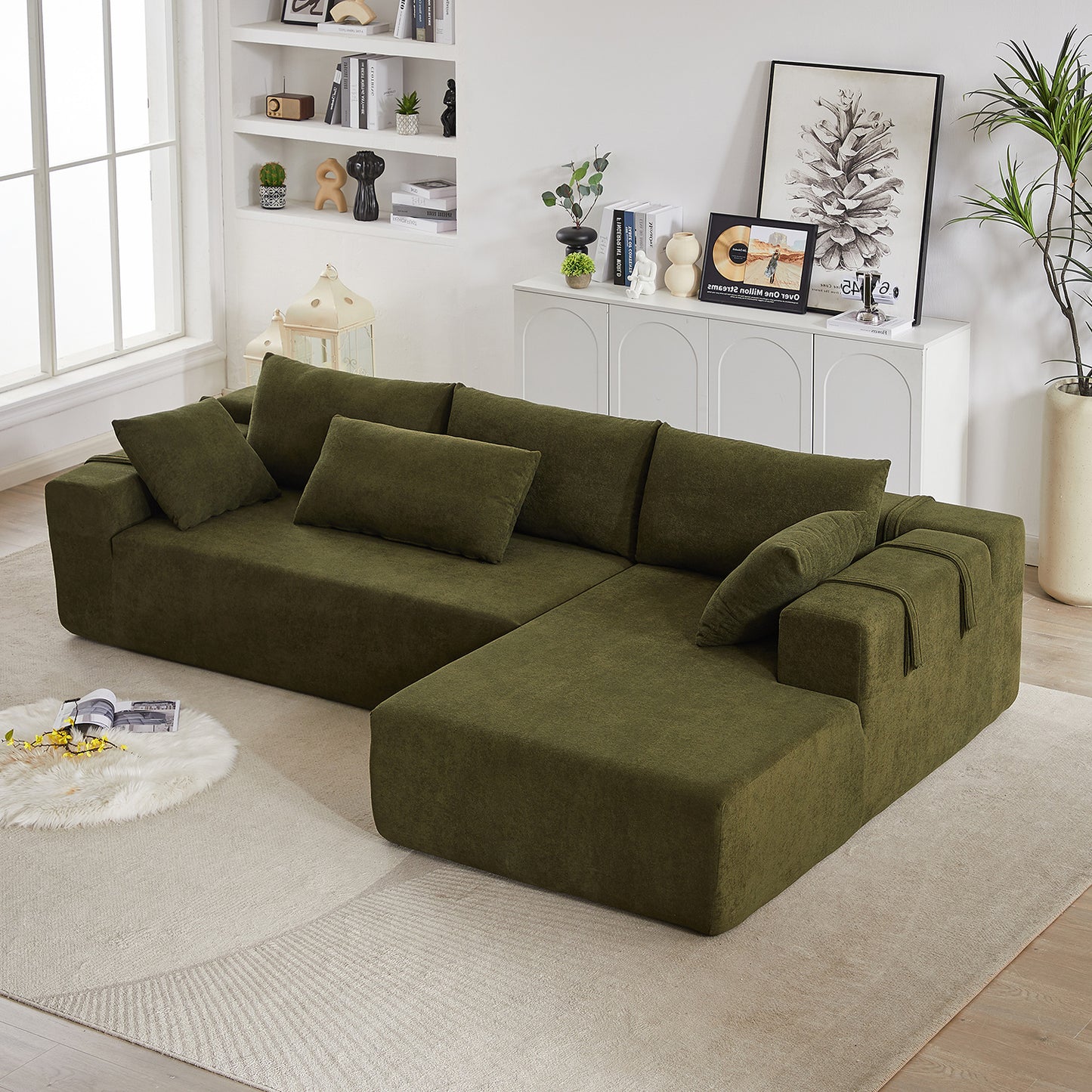 Modern Chenille Upholstered Sectional Sofa Couch Set Free Combination Sofa  With 6 Pillows