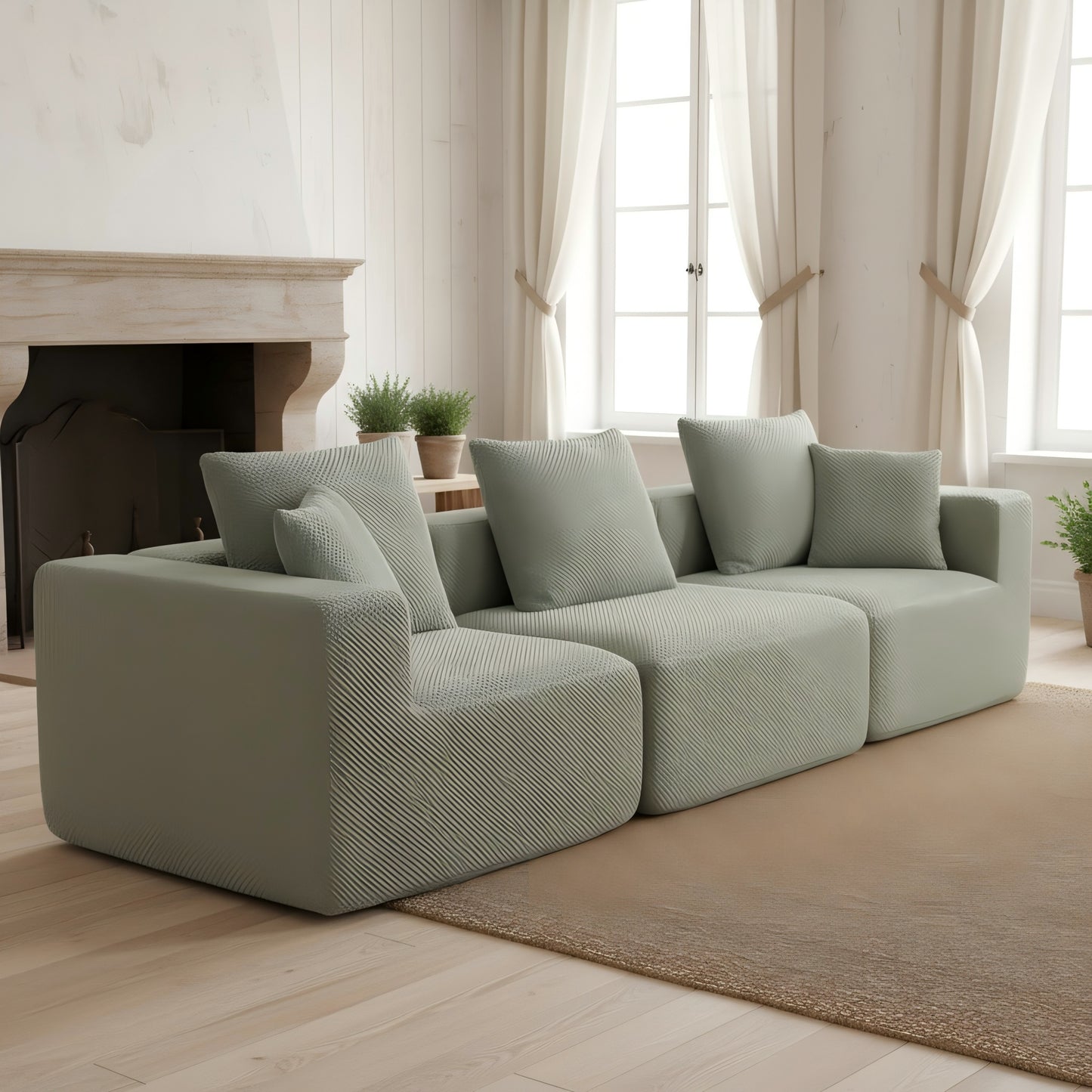 Modular 3-4 Seat Sectional Sofa – All-Foam Deep-Seat Couch with Plush Textured Chenille (Light Green)