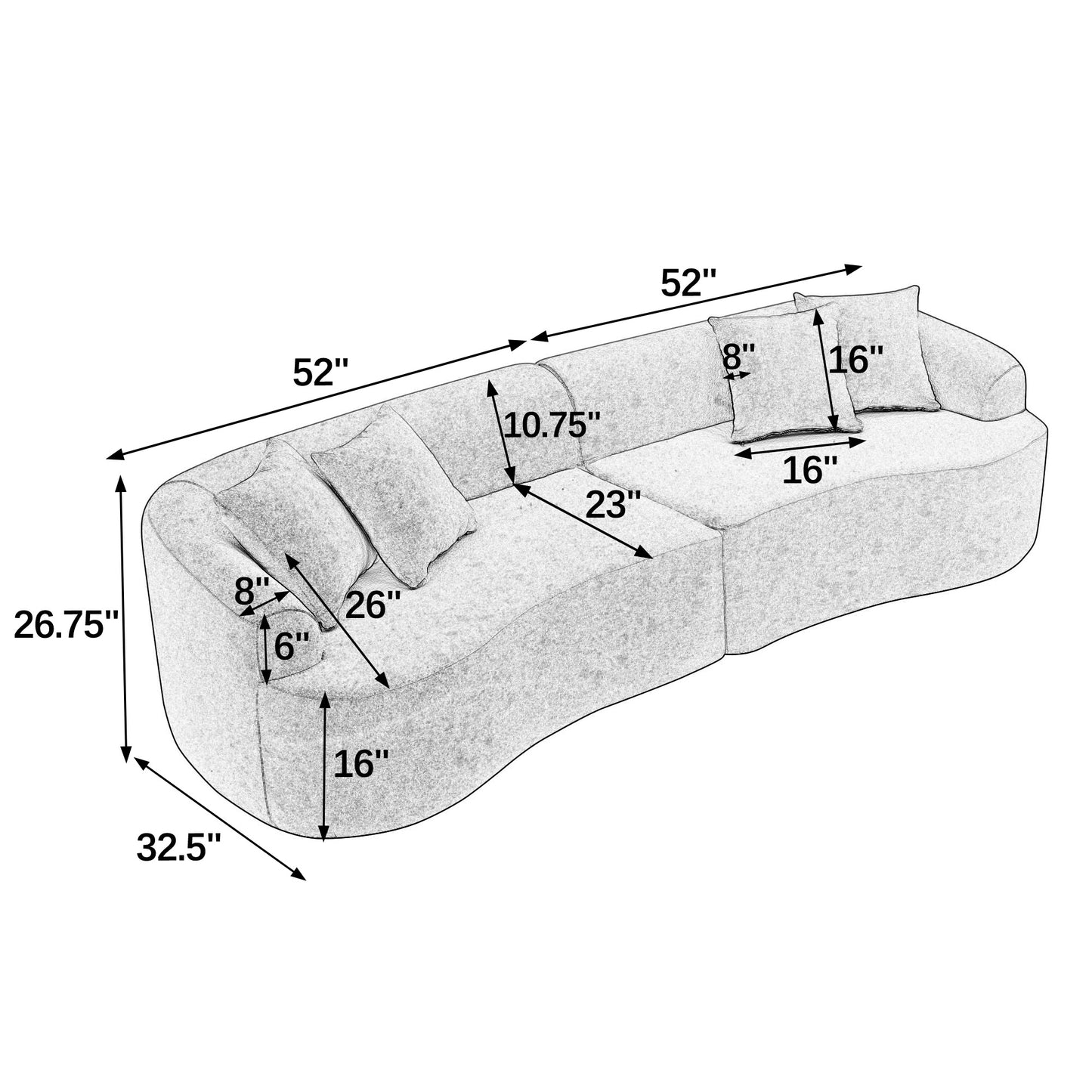 Curved Modular Sectional Sofa in Lamb's Wool Fabric, Modern Minimalist Style, Compressed (No Assembly Required)