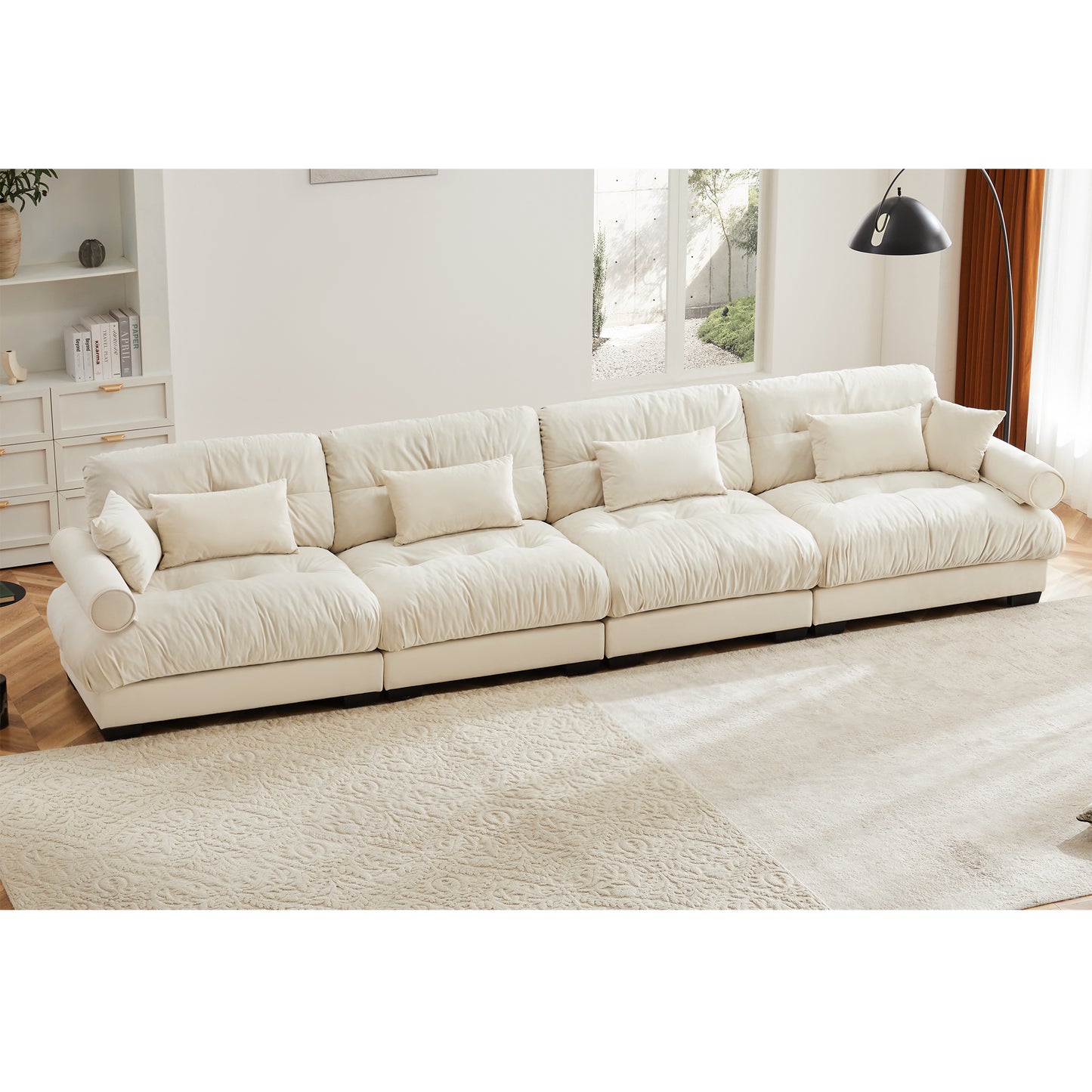 Deep Seat Cloud Couch in Cream: Modular Velvet Sectional with Bolstered Armrests 2-3-4 seats