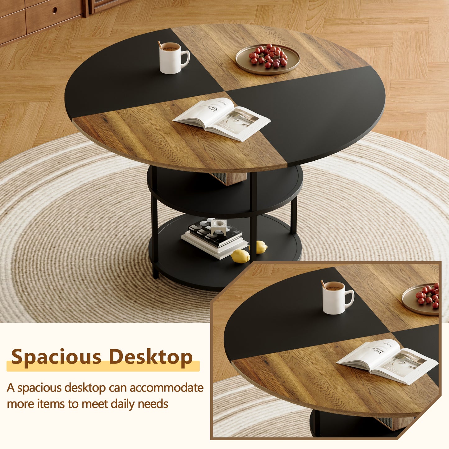 47.3 - Inch Spliced - Color Circular Dining Table Set: 4-6 Black PU Chairs, Double - Layer Storage