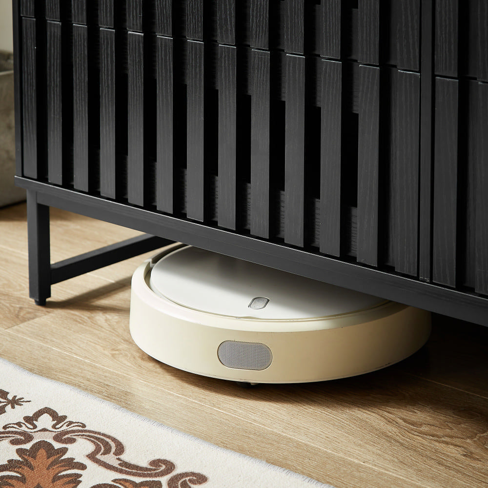 Modern Style Cabinet With Slatted Grille Striped Drawer & Door And Metal Leg