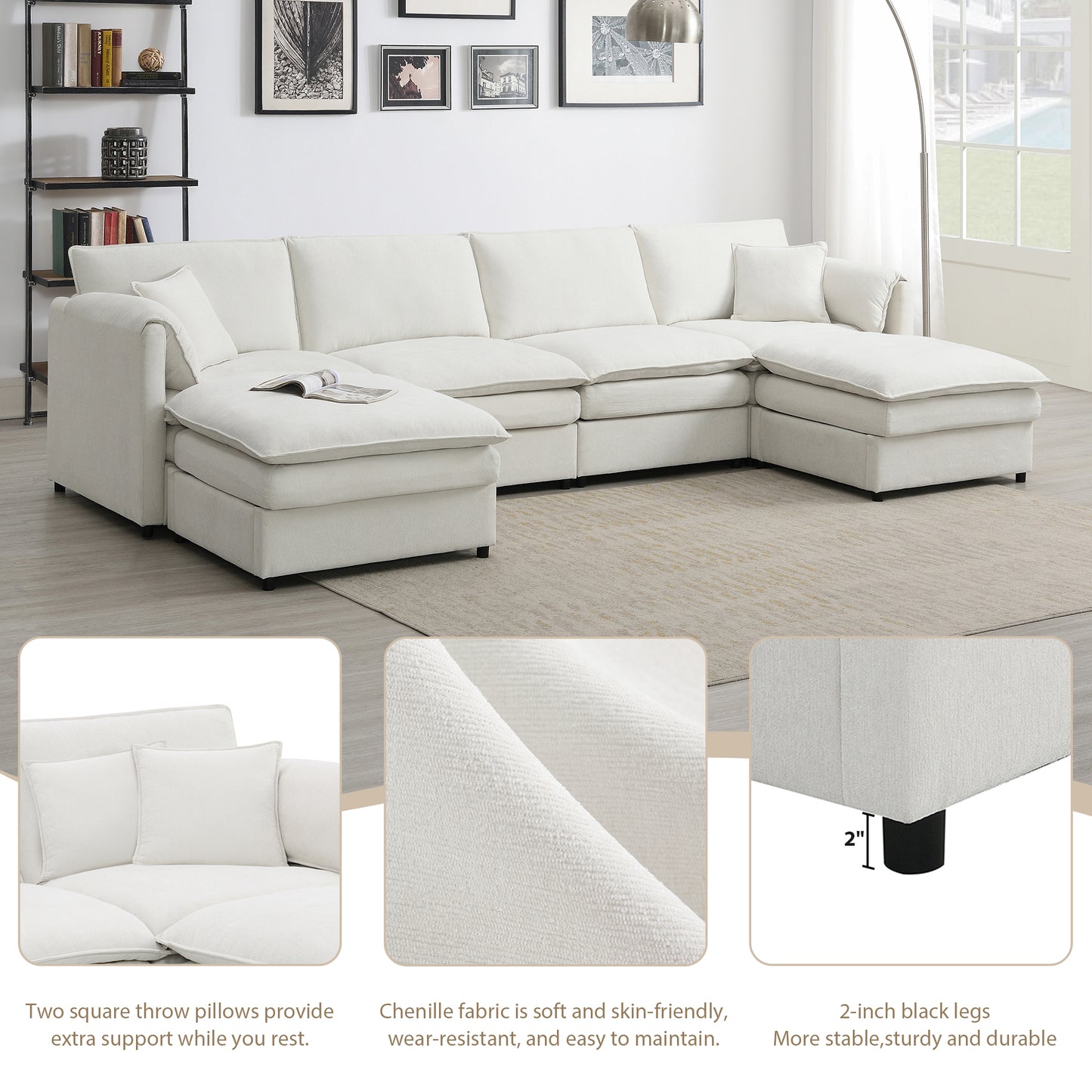 134" Chenille Modular U - Shaped Sectional: Double - Cushioned Cloud Couch, 6 - Seat Sleeper with Ottomans for Living Room