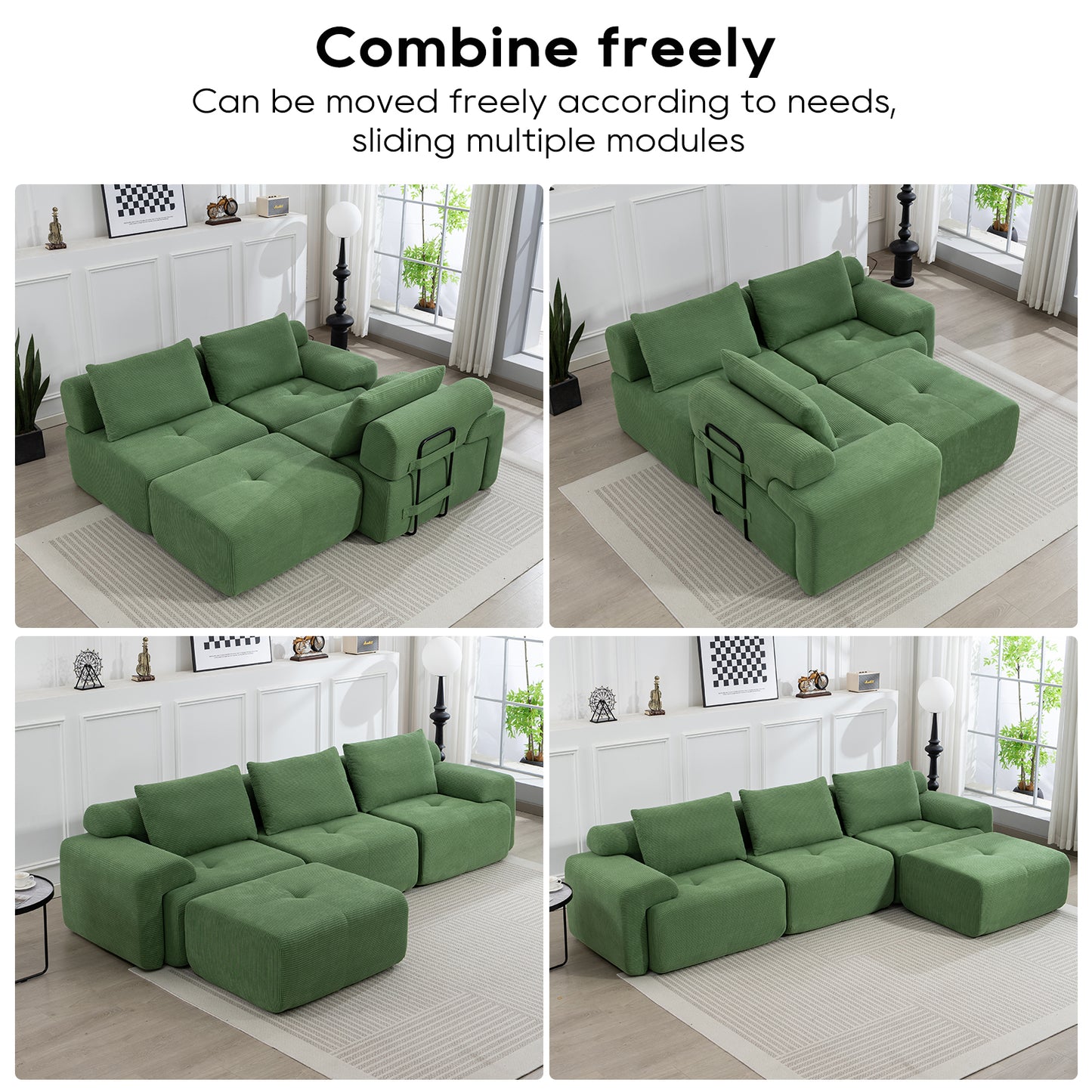 L-Shaped Sectional Sofa Bed – No Assembly, Memory Foam, Steel Frame (Grey/Green)