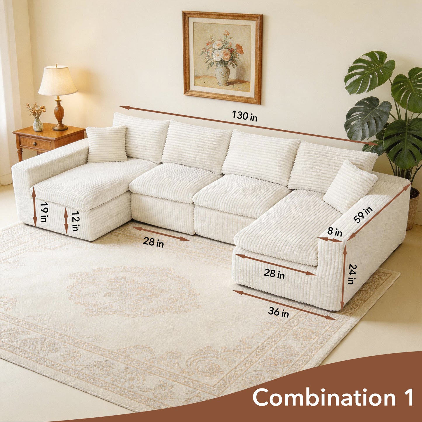 130" Modular U-Shaped Cloud Couch – No Assembly Memory Foam Sectional Sofa in Corduroy (Beige White)