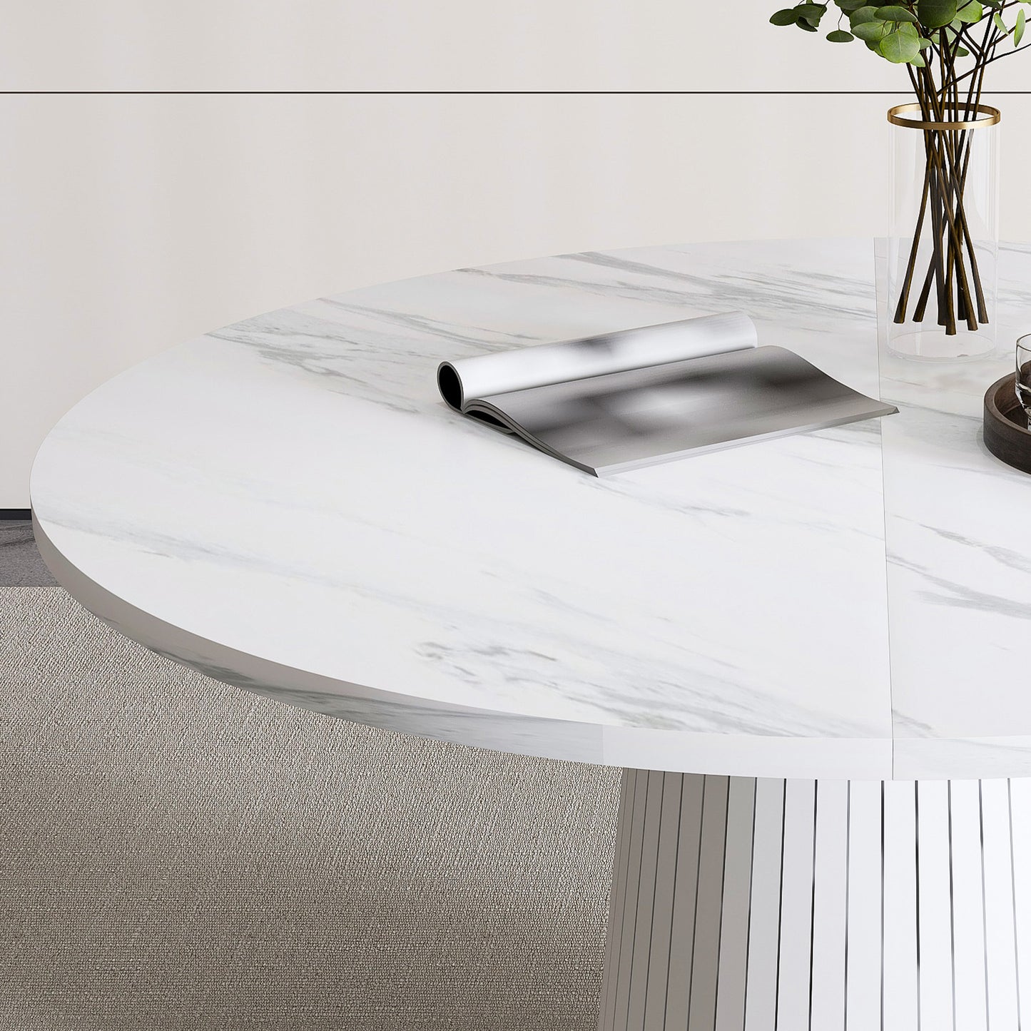Modern Farmhouse Kitchen Table with Wood Strip Base, Marble Veneer Circle Dinner Table for Kitchen