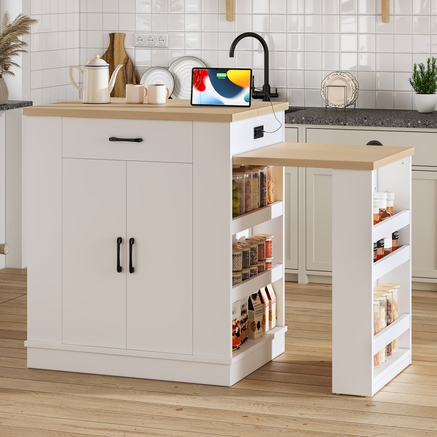 Extendable island console with drawers, double-door cabinet, and open shelving