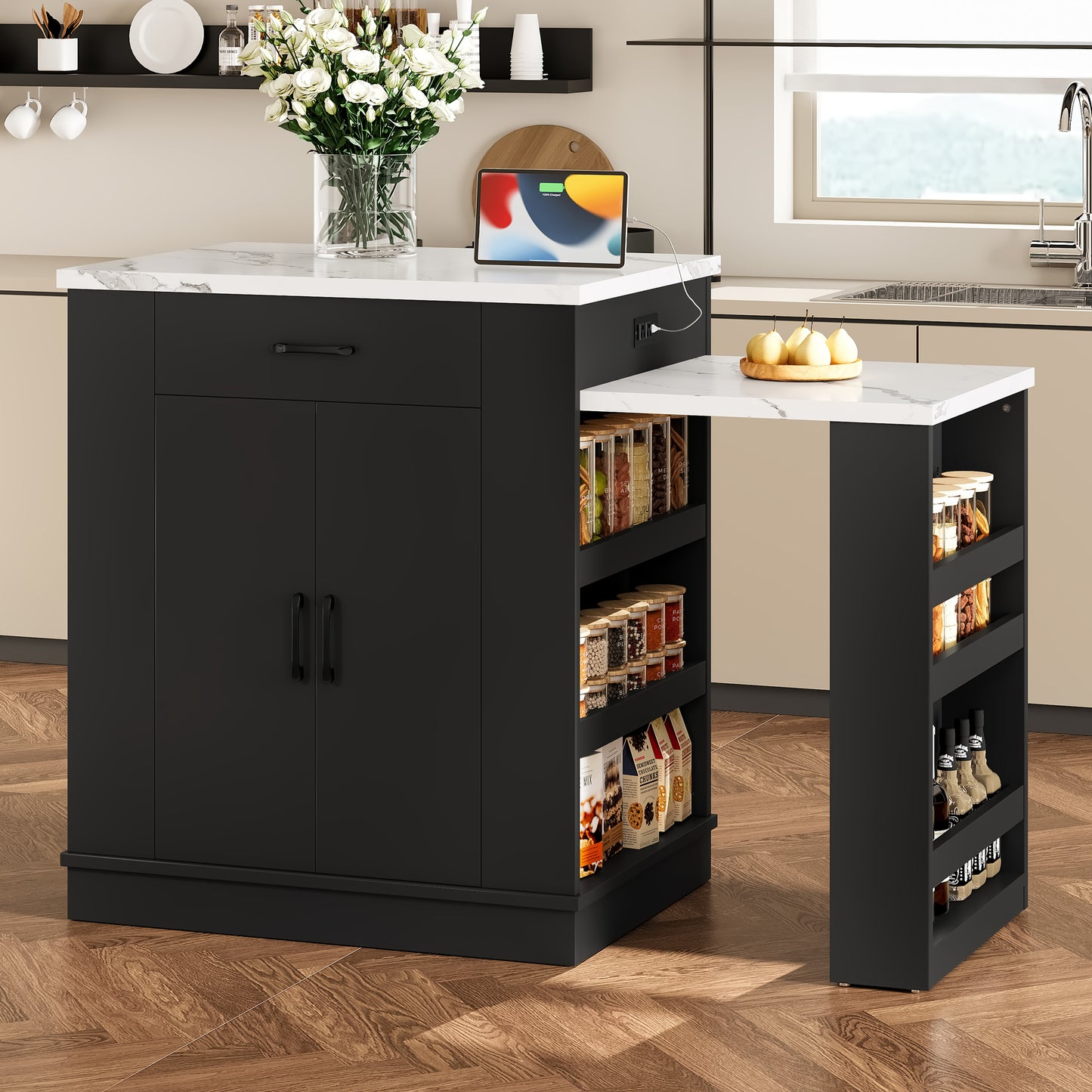 Extendable island console with drawers, double-door cabinet, and open shelving