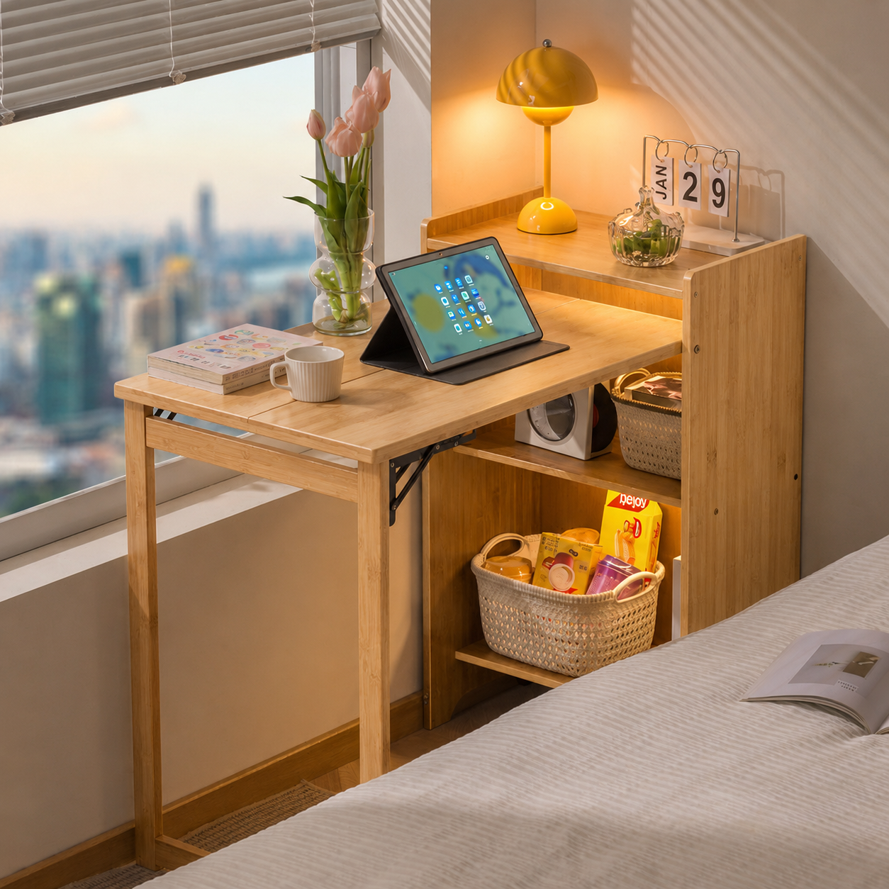 Foldable Desk Computer Desk with Hidden Storage for Small Space | Bamboo Folding Table – Natural/Walnut