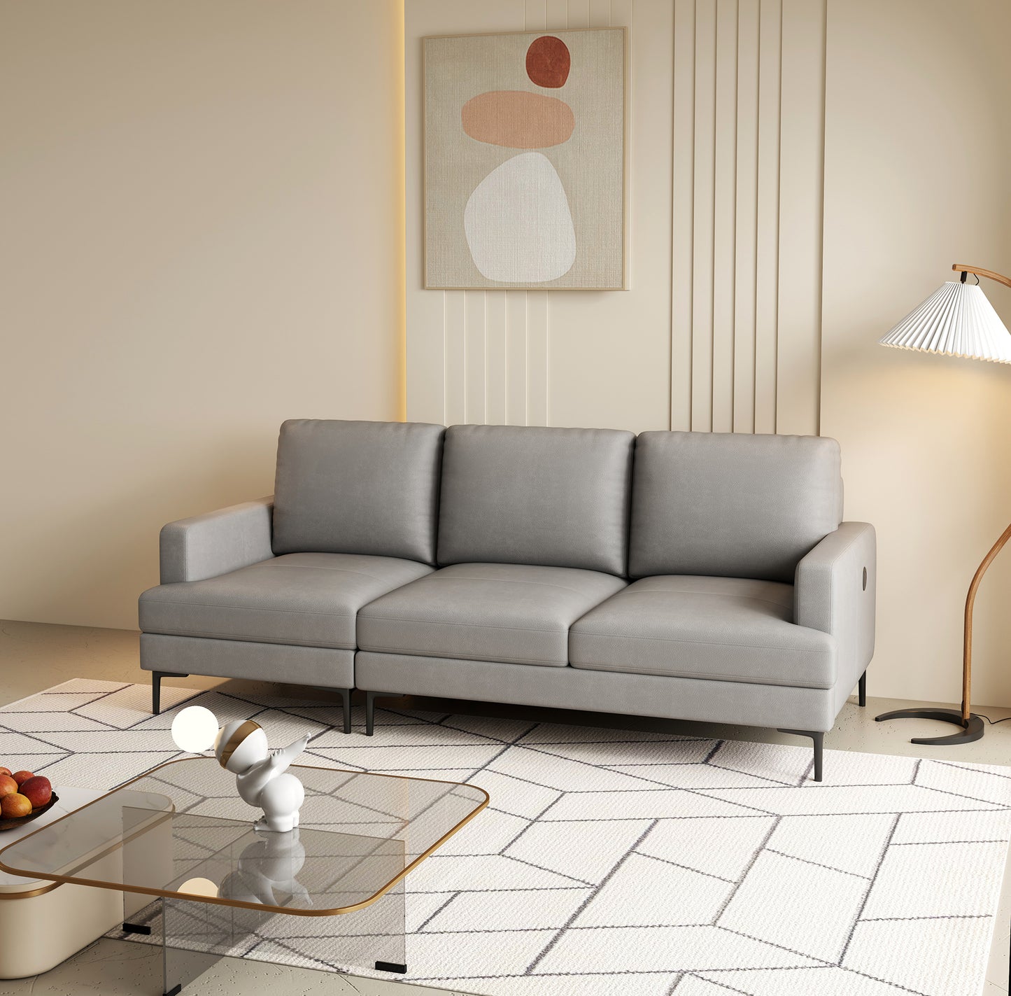 77 - inch Gray Luxury Genuine Leather - Match Sofa: USB & Type - C Charger, 3 - Seater for Living & Office