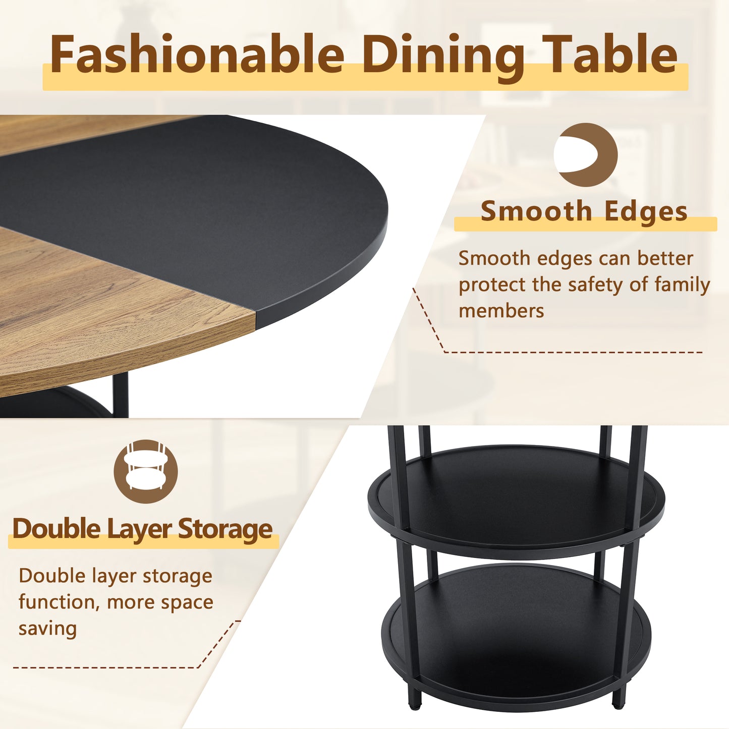 47.3 - Inch Spliced - Color Circular Dining Table Set: 4-6 Black PU Chairs, Double - Layer Storage