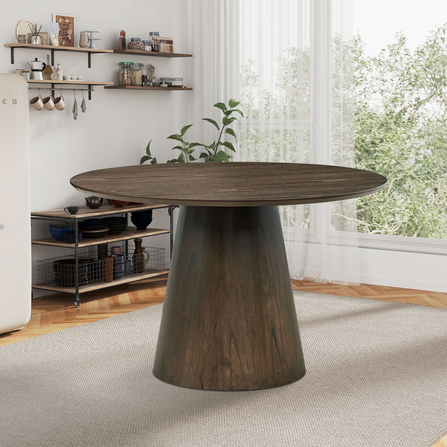 Modern Round MDF Wooden Dining Table and Boucle Upholstered Chair Ensemble