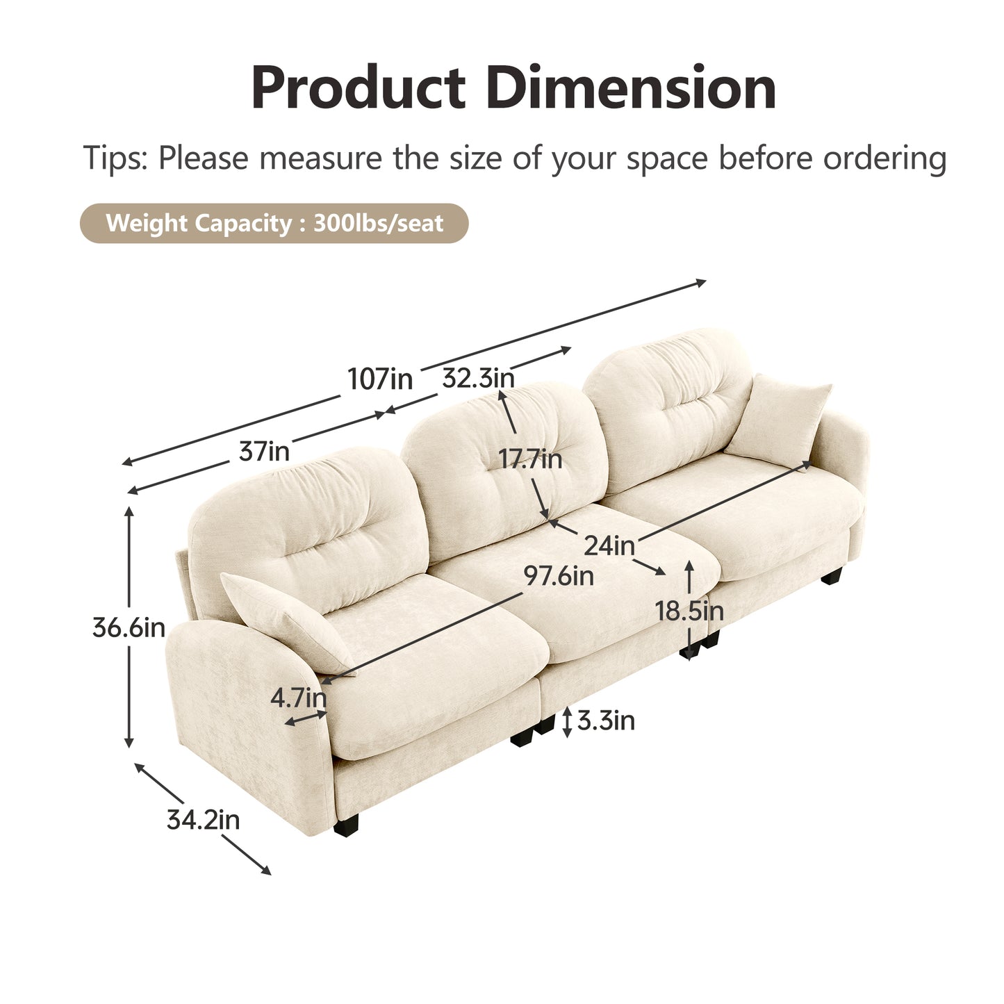 Modular Sectional Couch Chenille Fabric High-Density Foam 2-4 Seats ottoman Optional