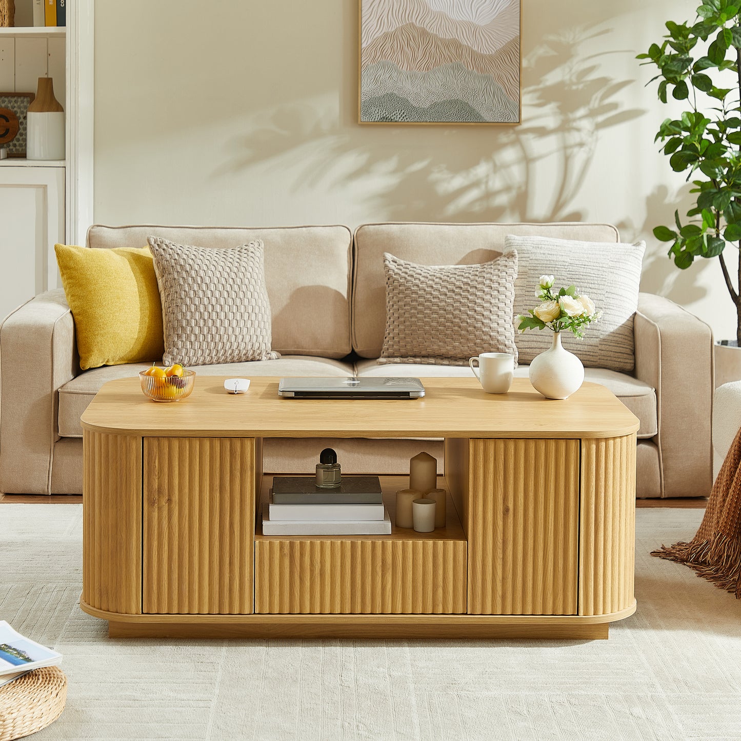Modern Luxury Oval Coffee Table with Drawers & Storage – Curved Contour Design, Living Room Center Table