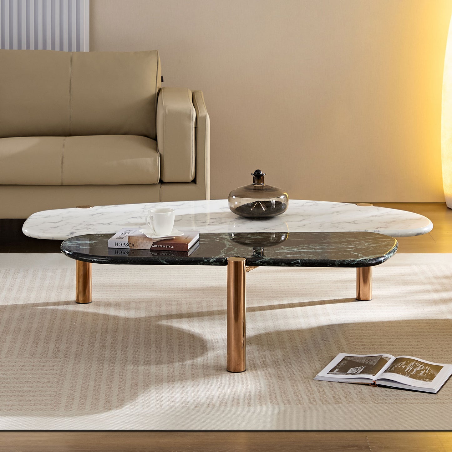 Faux Marble Coffee Tables Accent Tea Tables with Gold Metal Foot