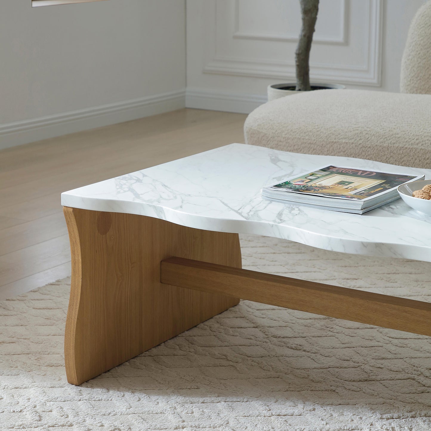 Modern Faux Marble Coffee Table  End Table Set | White Marble Top, Solid Wood Veneered Base – Flowing Wave Design, Natural/Walnut