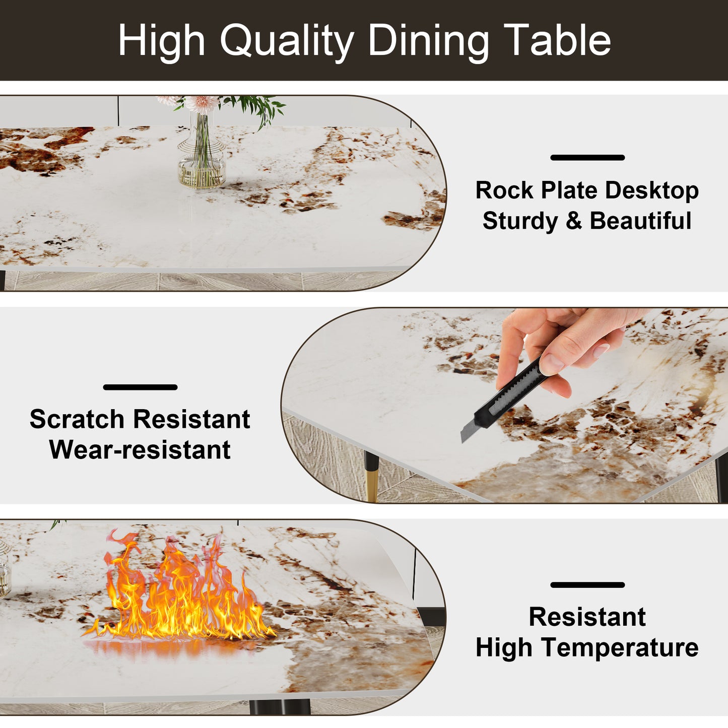 Modern minimalist dining table. A patterned SINTERED STONE tabletop with black metal legs