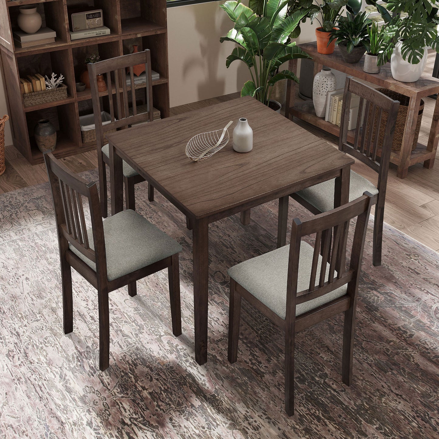 Square Wooden Kitchen Table Set: Mid - Century Design, Upholstered Dining Chairs