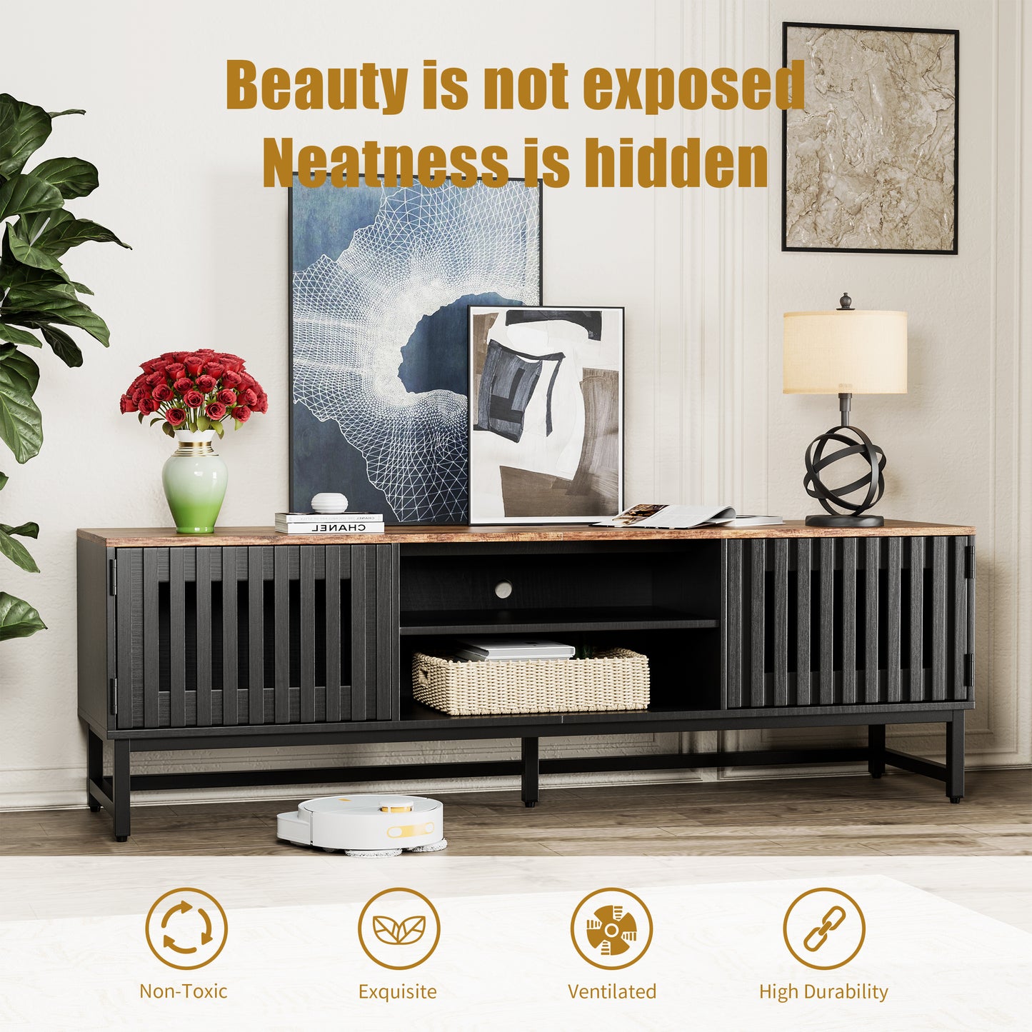 Mid - Century TV Stand with Storage: 63 Inches, Slatted Grille Striped Doors