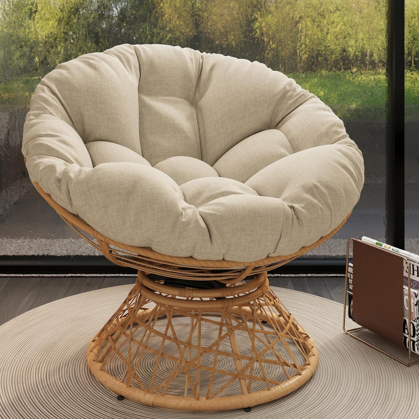 360 Degree Swivel Ergonomic Wicker Chair with Cloud Thick Density Fabric Cushion