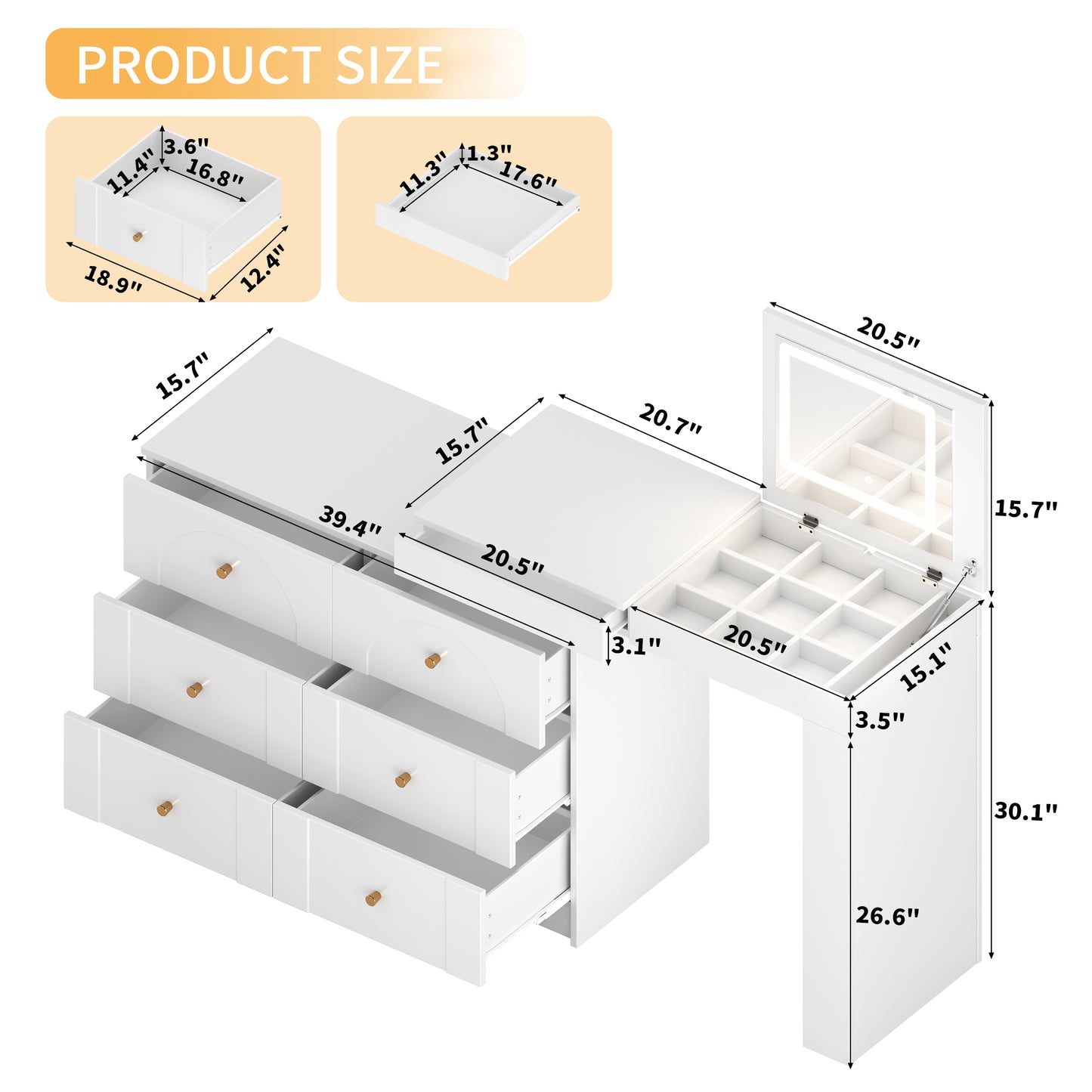 Vanity Desk with Mirror and Lights: Makeup Vanity with Flip - Top, 7 Drawers, 9 Compartments & 3 Shelves