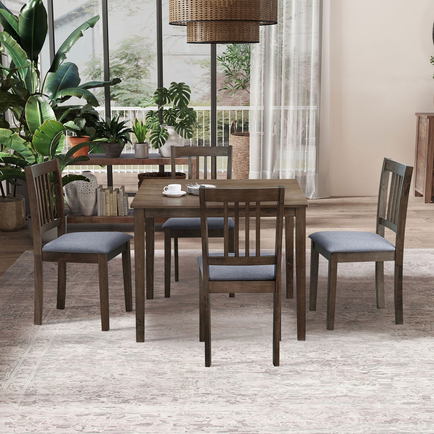 Square Wooden Kitchen Table Set: Mid - Century Design, Upholstered Dining Chairs
