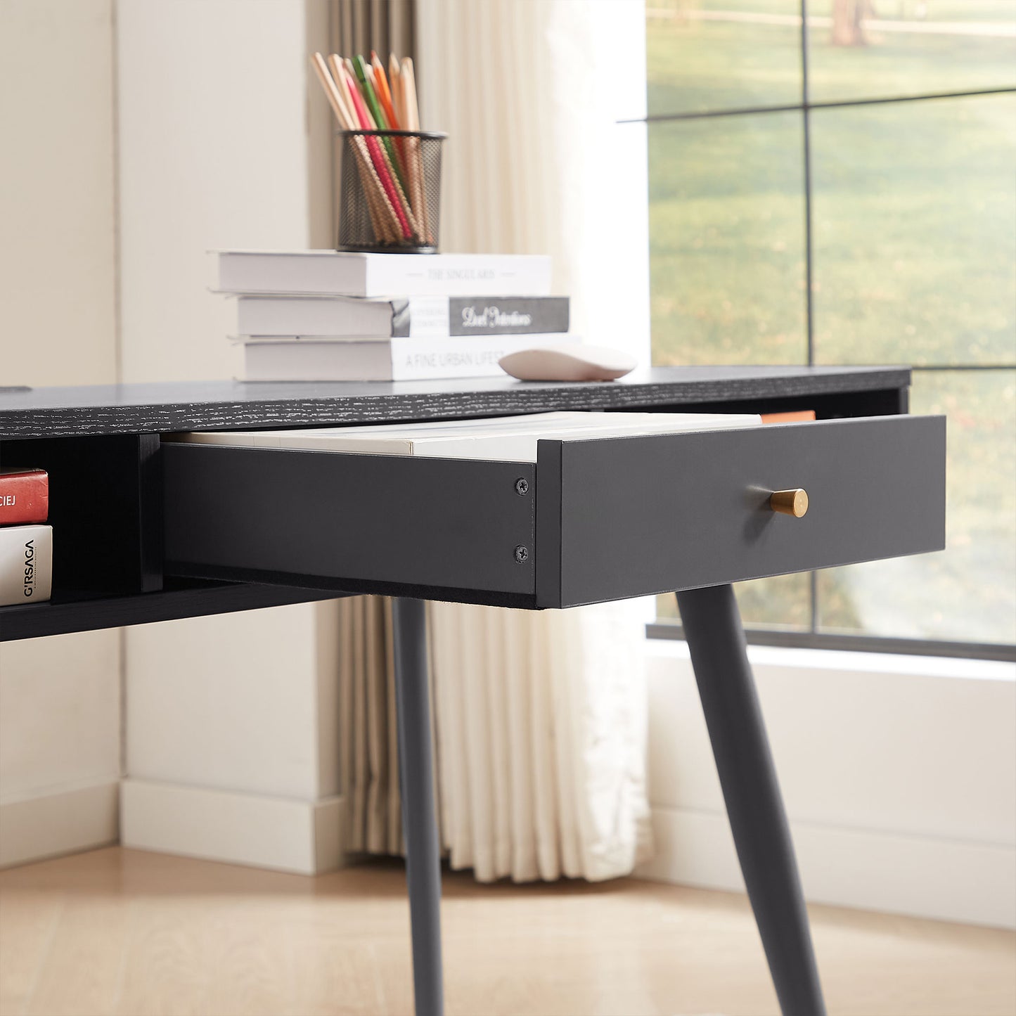 Mid - Century Modern Desk: USB Ports, Power Outlet, Drawers for Home Office