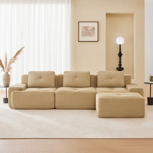 Modular Sectional Sofa for Living Room, Corduroy Fabric Deep Seat and Movable Ottoman, Pearl-like piping, Tufted Design, No Assembly