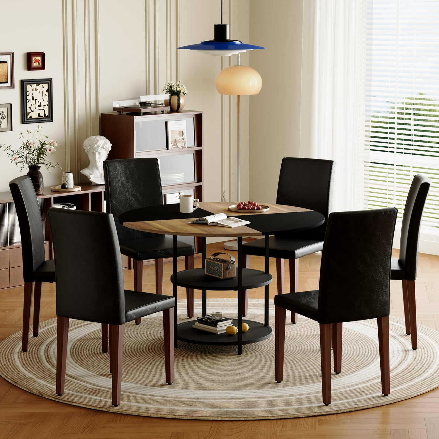 47.3 - Inch Spliced - Color Circular Dining Table Set: 4-6 Black PU Chairs, Double - Layer Storage