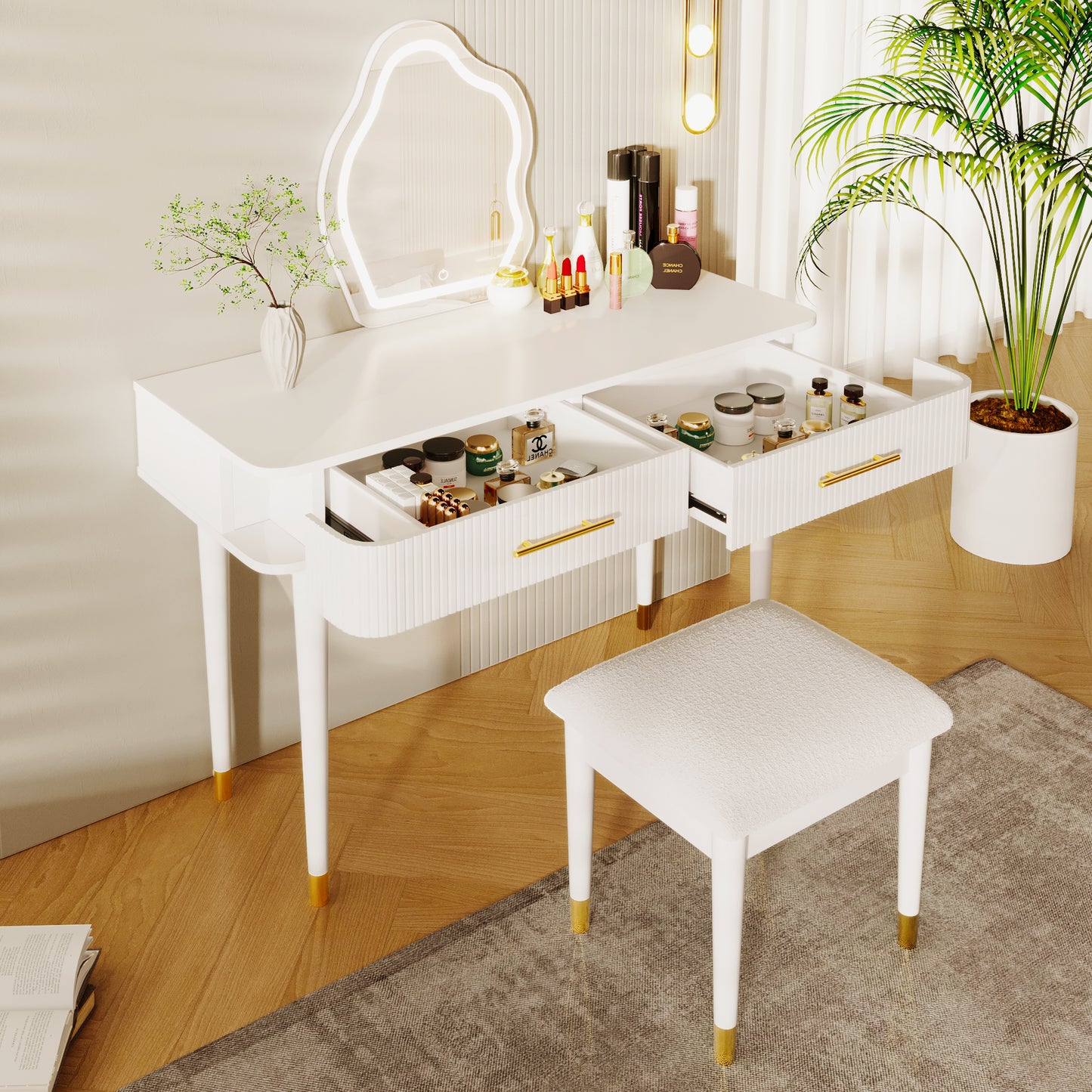 Modern Vanity Table Set: Touch - Screen Lighted Mirror, 2 Large Drawers, Cushioned Stool
