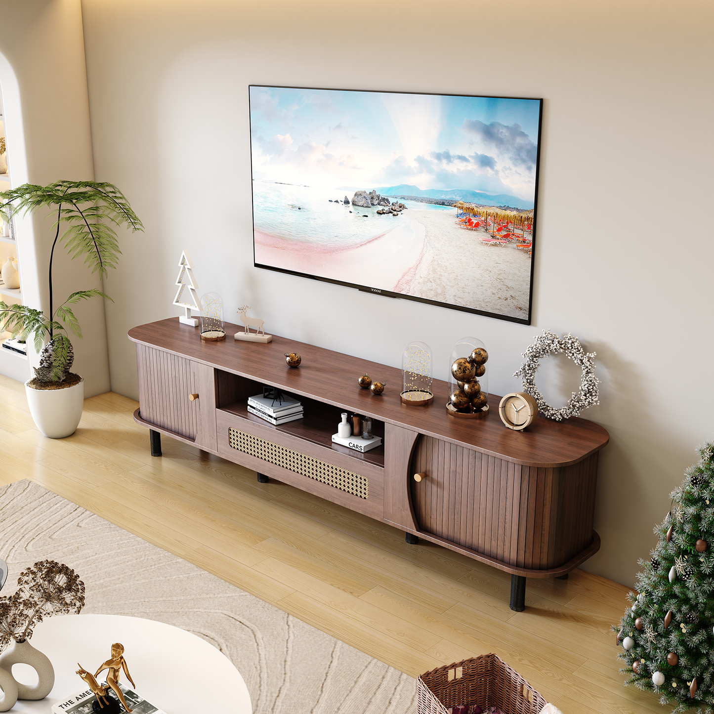 Modern Curved TV Stand for 80 - Inch TVs: Farmhouse - Style with Cable Management 3 Colors