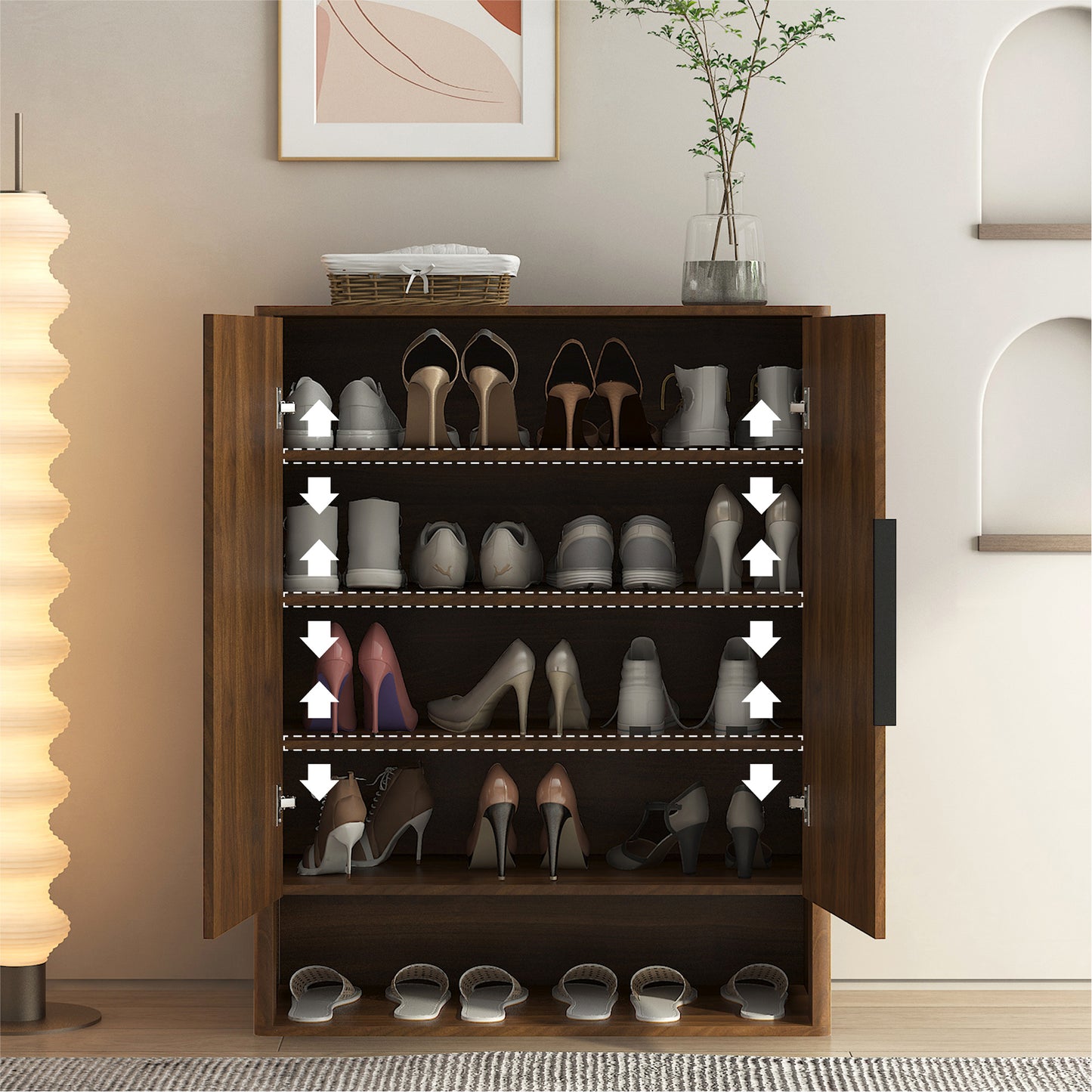Modern Shoe Organizer with Adjustable Shelves | 4-Layer Entryway Shoe Cabinet – Walnut/Natural Wood, Anti-Tip Design