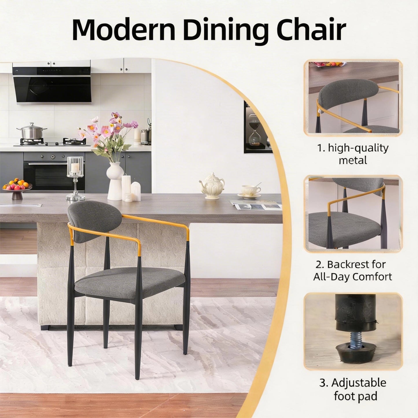 Modern Upholstered Dining Chair with Gold-Accented Armrests Set of 2